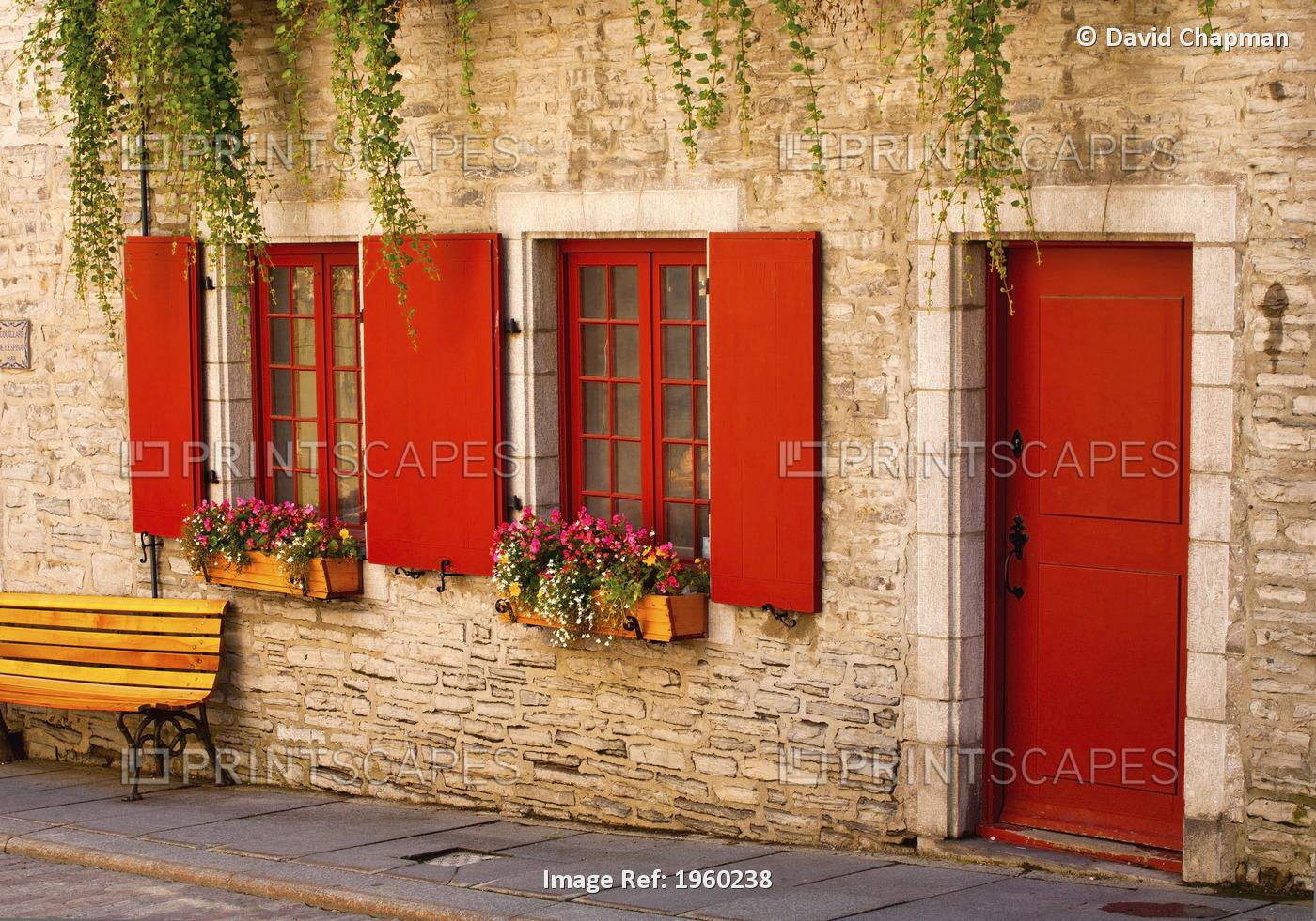 Red Doors And Window Shutters On A Building In The Lower Village Of Old Quebec; ...