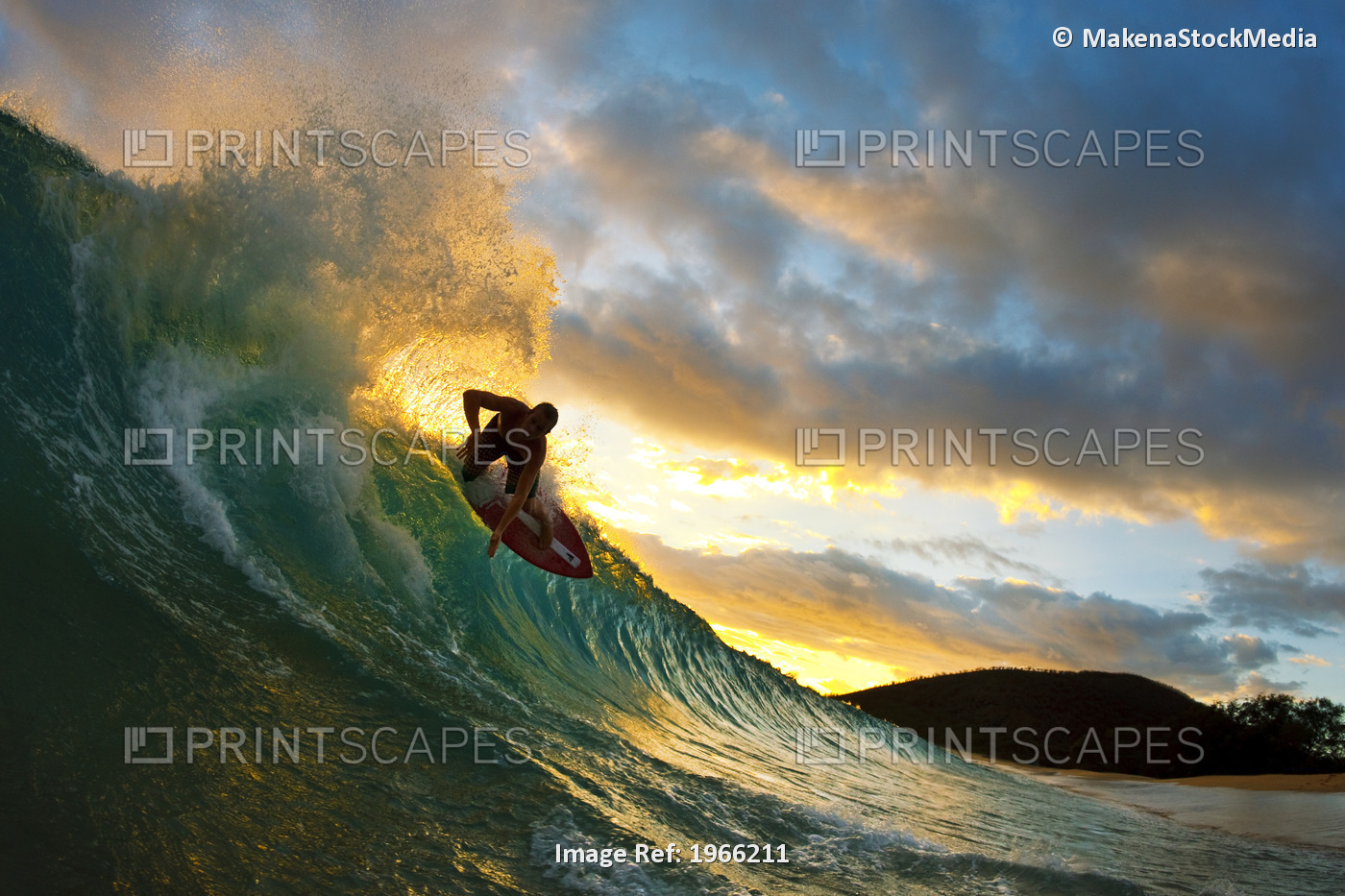 Hawaii, Maui, Makena - Big Beach, Skimboarder Carving Turquoise Wave, Sunset ...