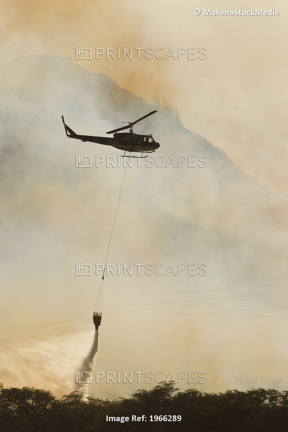 Hawaii, Maui, Ma'alaea, Fire Helicopter Dropping Ocean Water On Wildfire. ...