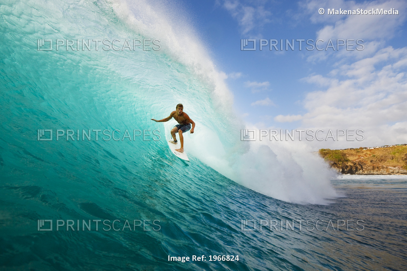 Hawaii, Maui, Kapalua, Surfer Tides Perfect Wave At Honolua Bay, View From ...