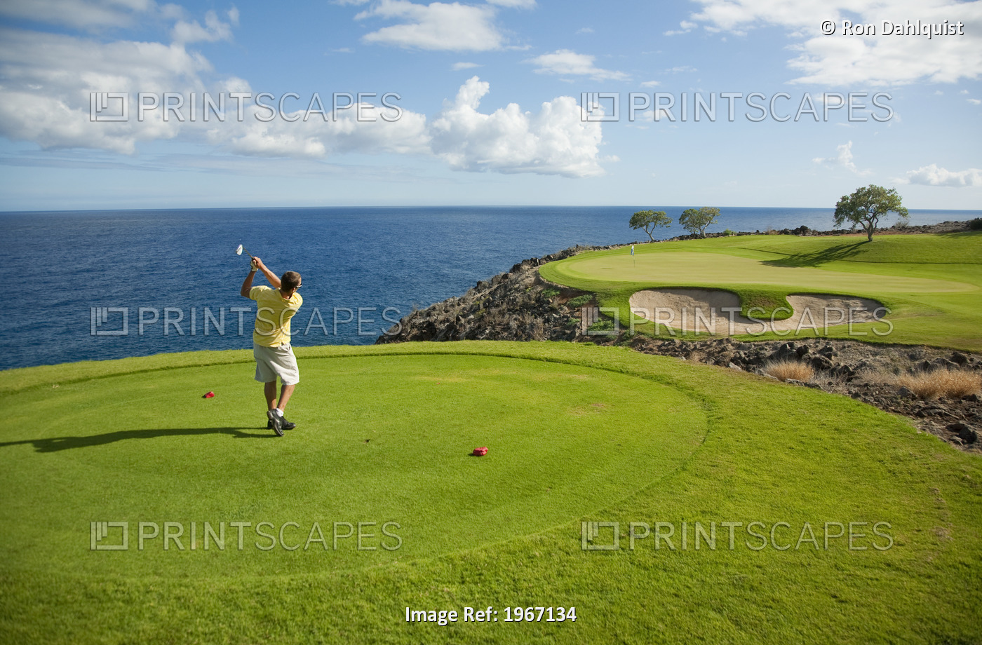 Hawaii, Lanai, Man Playing Golf At The Challenge At Manele Golf Course.