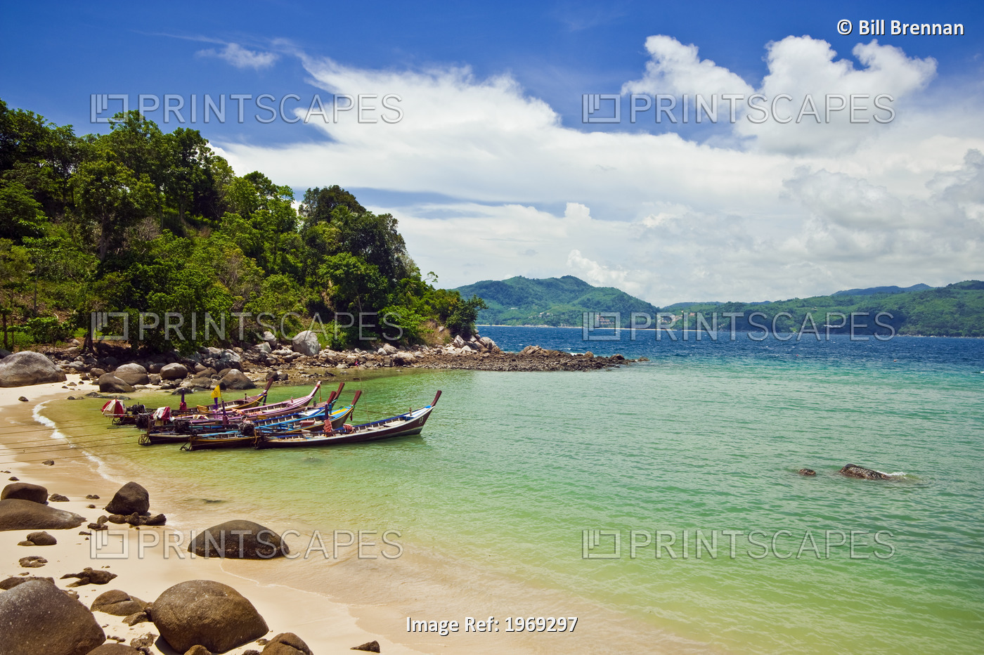 Thailand, Phuket, Paradise Beach, Longtail Boats And Idealic Bay Scene.