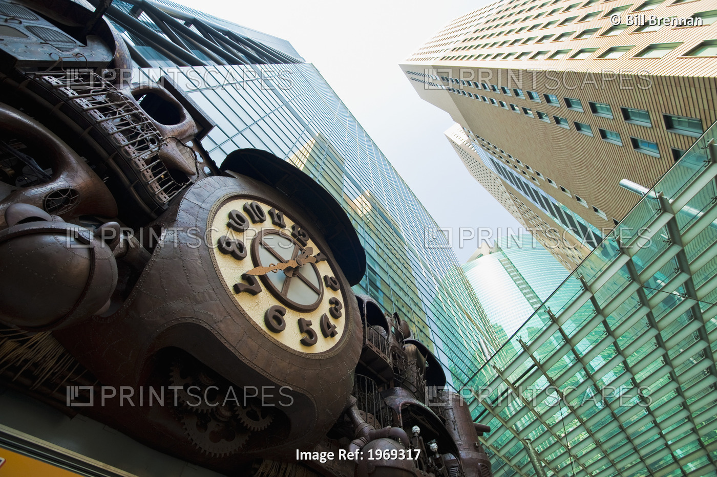 Japan, Tokyo, Shiodome, Famous Copper Shiodome Clock And High Rises.