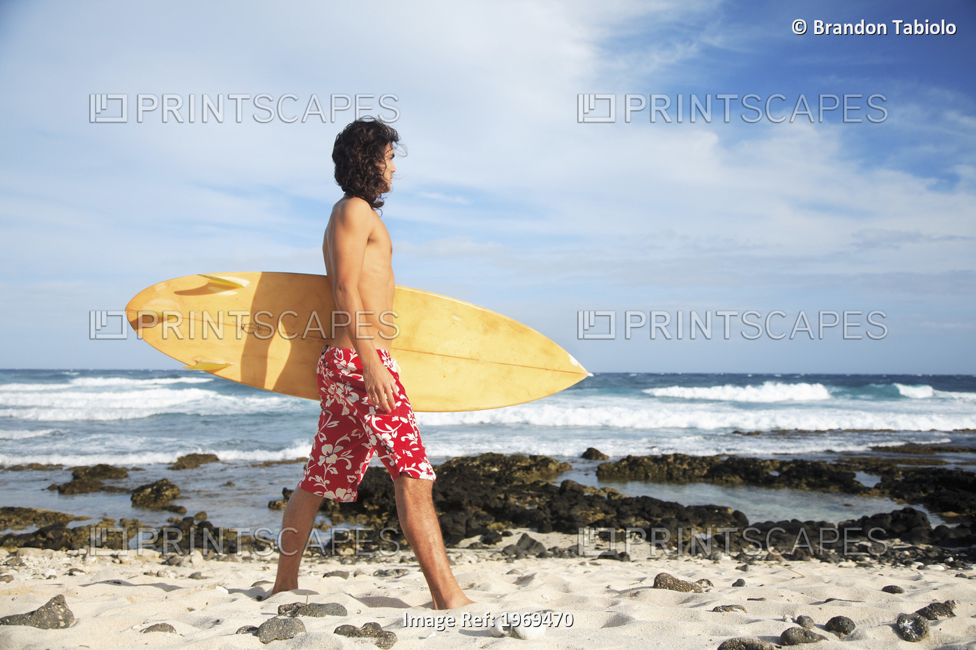 Hawaii, Oahu, Young Man At The Beach With Surfboard.