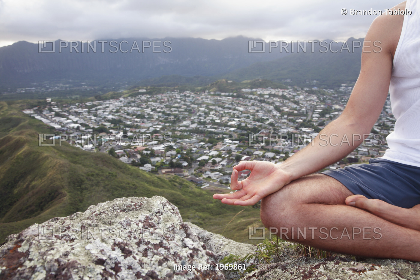 Hawaii, Oahu, Lanikai, Male Hiker Admiring View Of Doing Yoga At The Top Of The ...