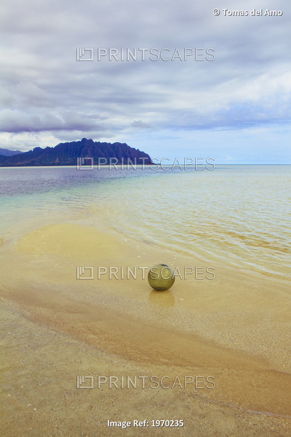 Hawaii, Oahu, Kaneohe Bay, Green Glass Float Ball On The Sandbar