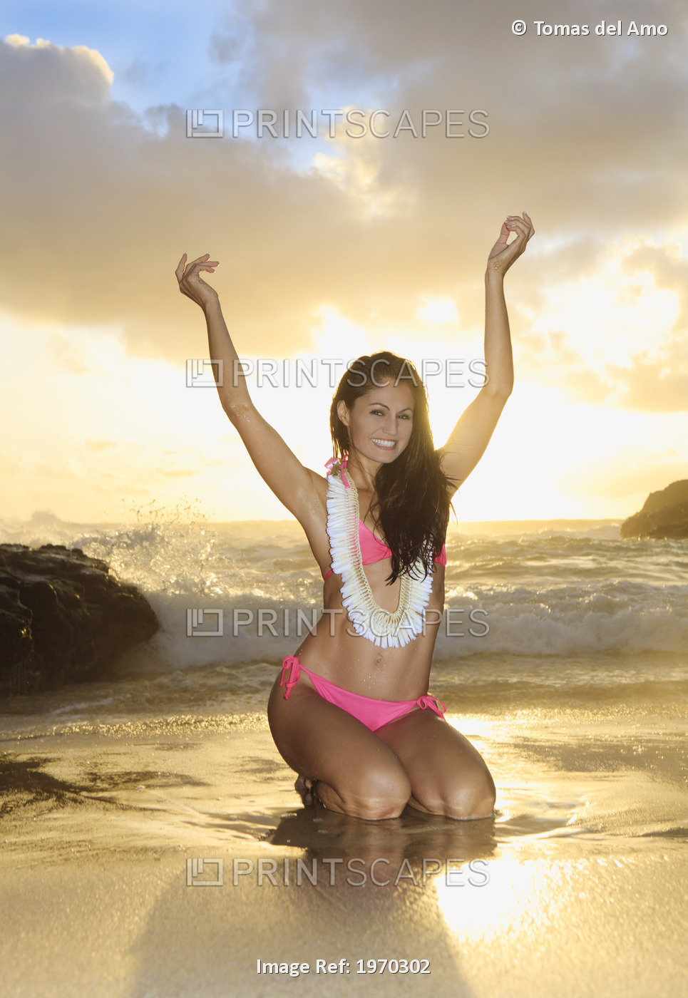 Hawaii, Oahu, Eternity Beach, Beautiful Woman Modeling On The Shore