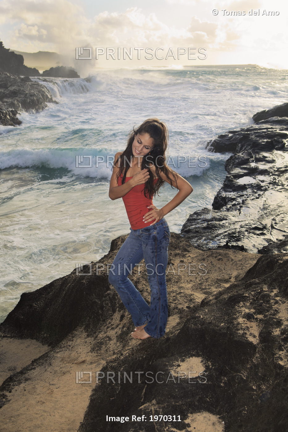 Hawaii, Oahu, Eternity Beach, Beautiful Woman Stands By The Shore