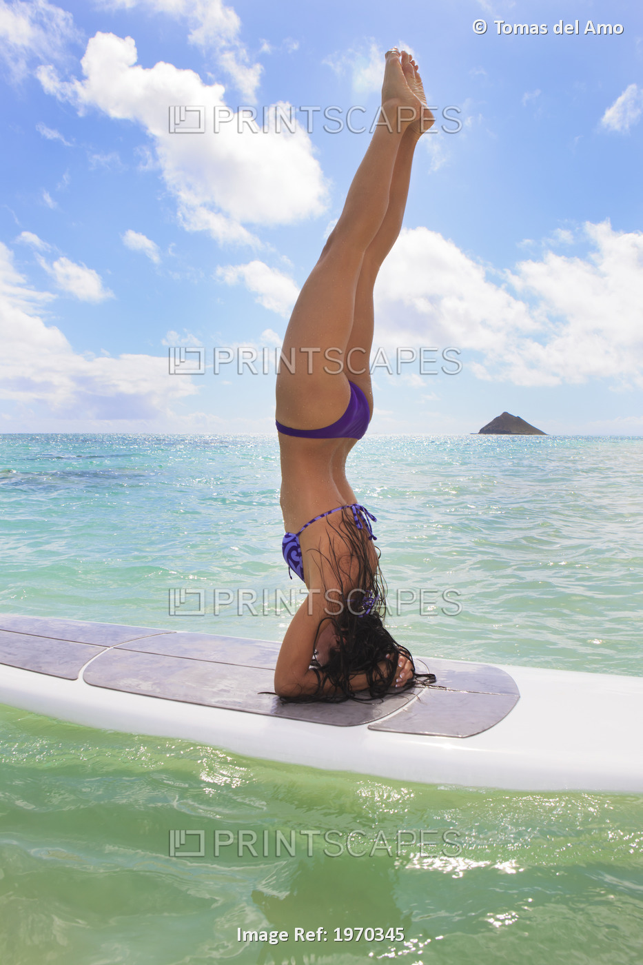 Hawaii, Beautiful Brunette Girl Doing A Headstand On Her Stand Up Paddle Board