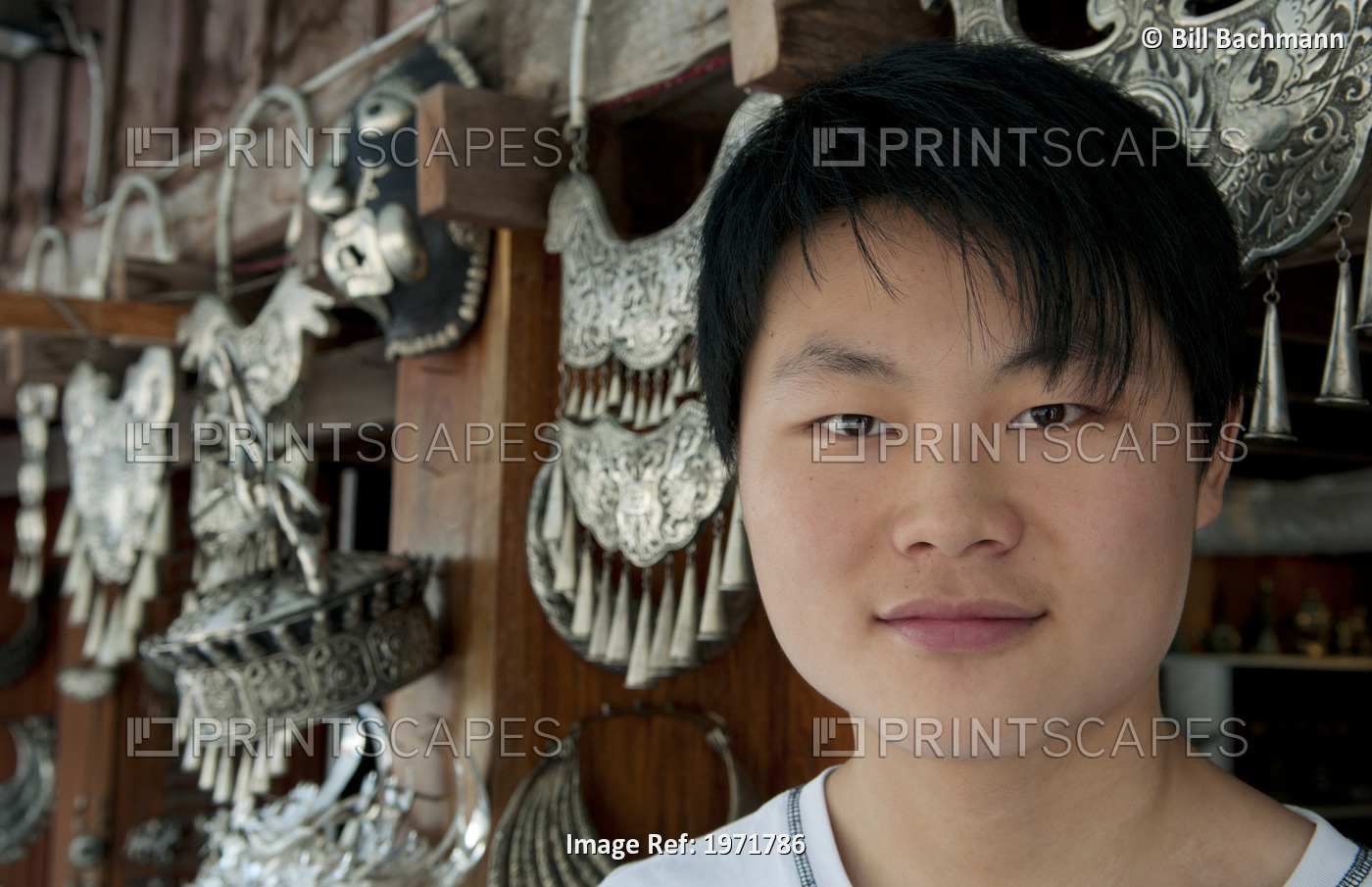 South East Asia, Laos, Luang Prabang, Teen Boy Selling Silver Jewelry Poses For ...