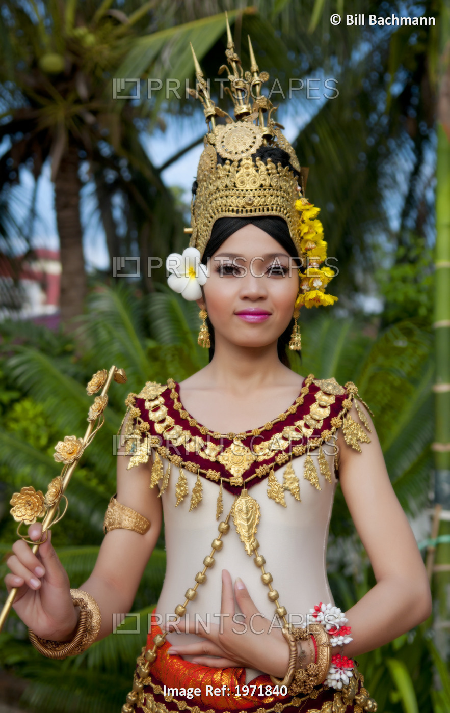 Cambodia, Siem Reap, Young Woman Wearing Traditional Dancer Attire.