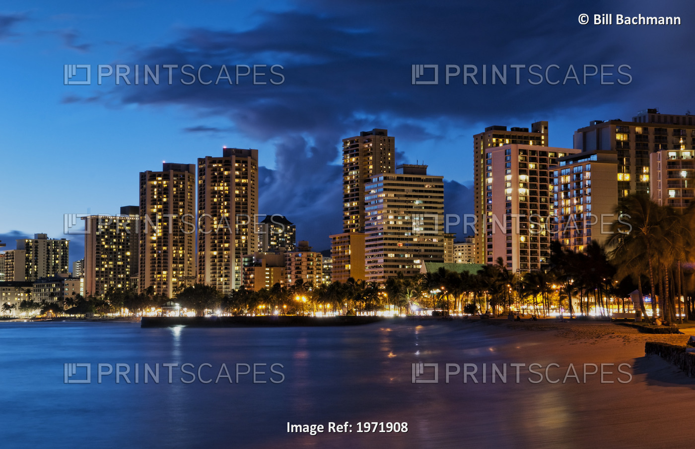 Hawaii, Oahu, Waikiki, Waikiki Beach At Night With Veiw Of City Lights And ...