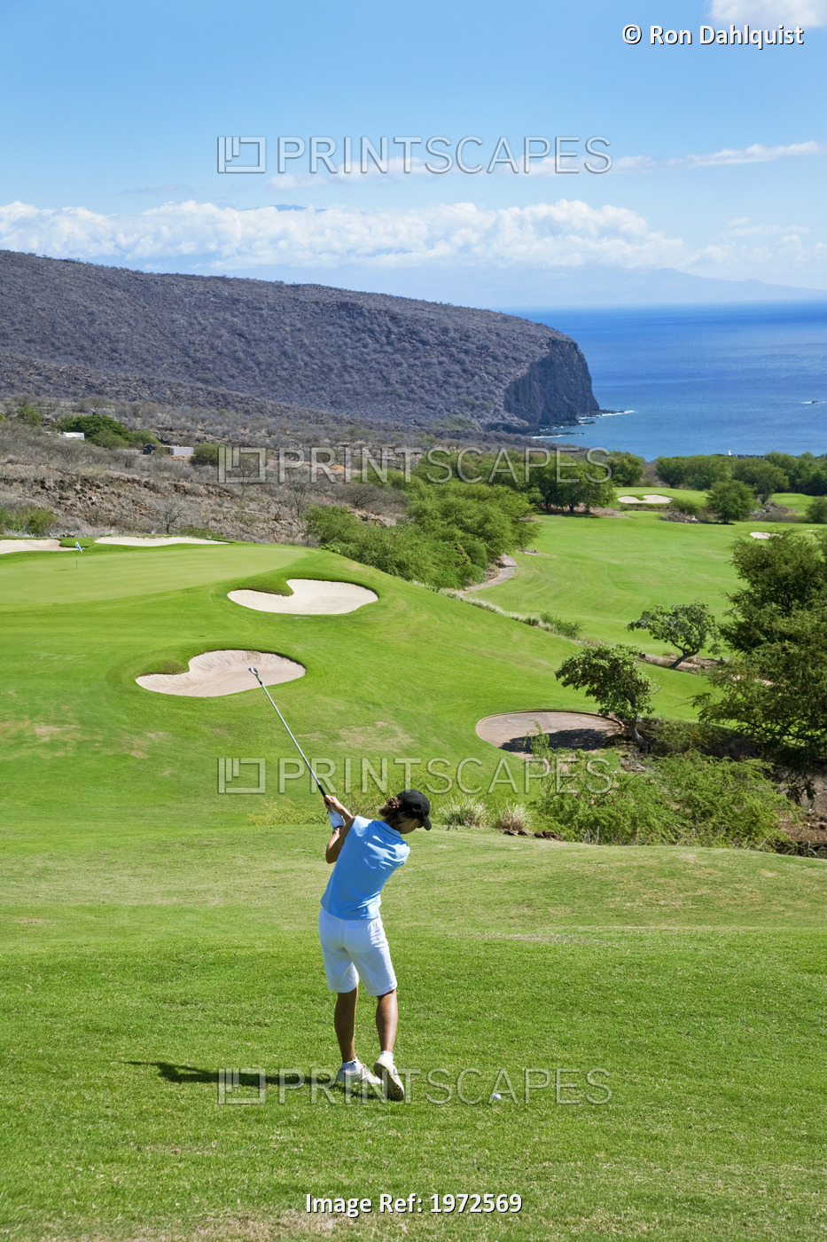 Hawaii, Lanai, Woman Hitting A Tee Shot On The Challenge At Manele Golf Course.