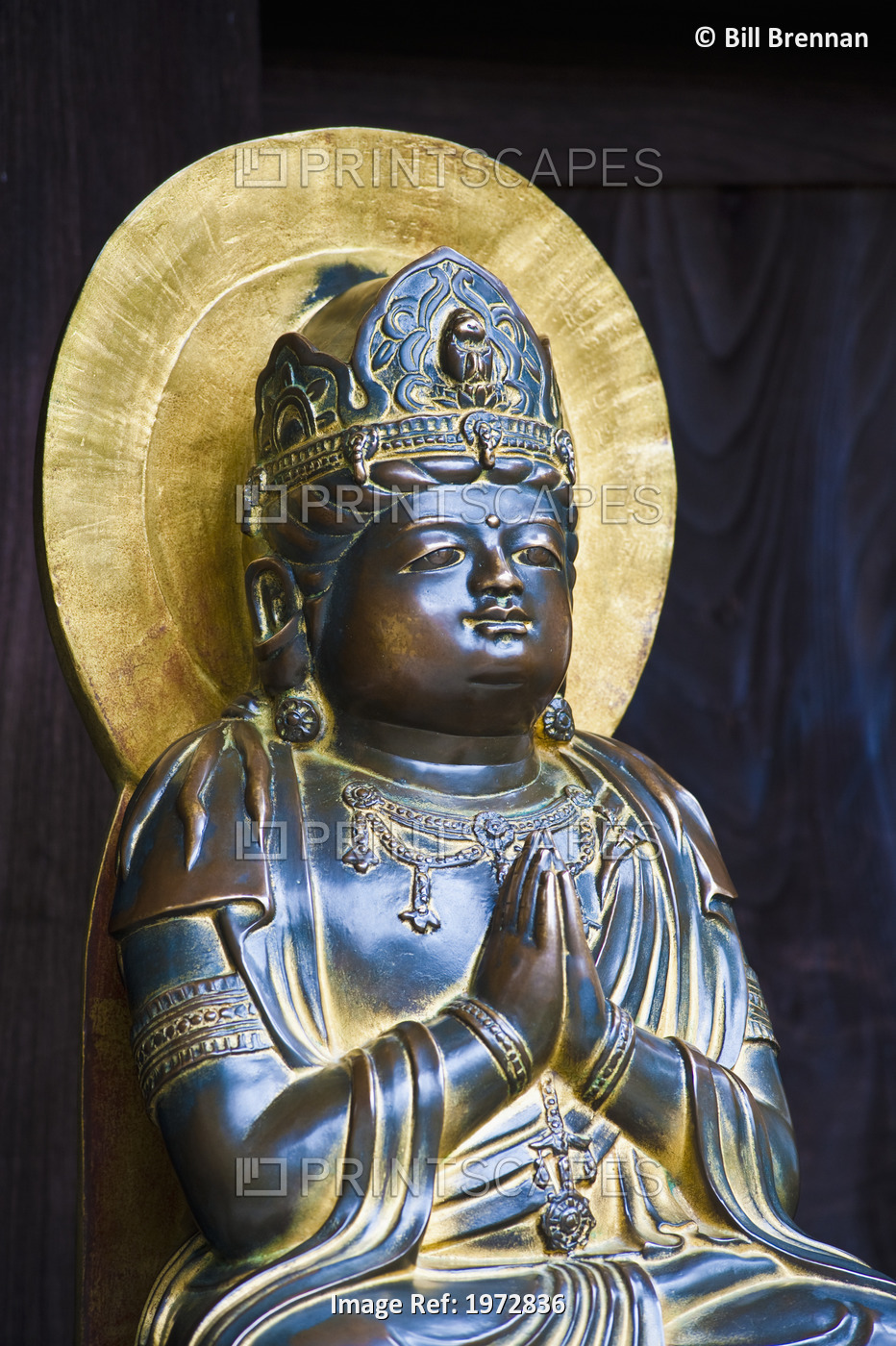 Japan, Kamakura, Hase-Dera Temple, Golden And Bronze Close Up Of Praying Statue.