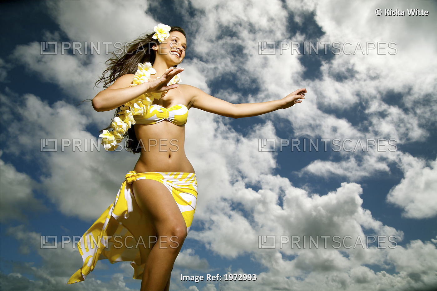Hawaii, Kauai, Kealia, Beautiful Hawaiian Girl Dancing Hula On Ocean Shoreline.