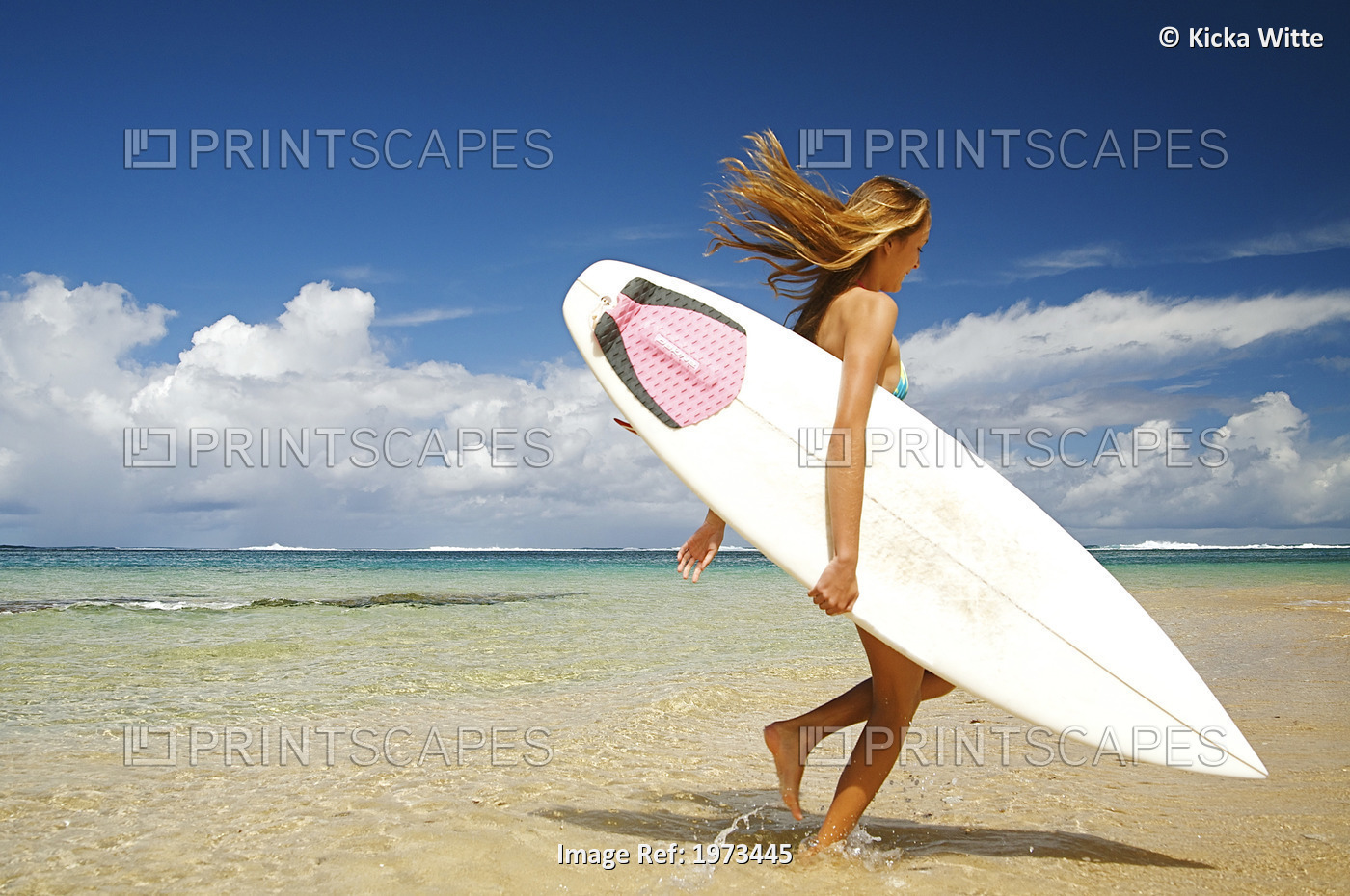 Hawaii, Kauai, Tunnels Beach, Surfer Girl Enjoying A Day Out.