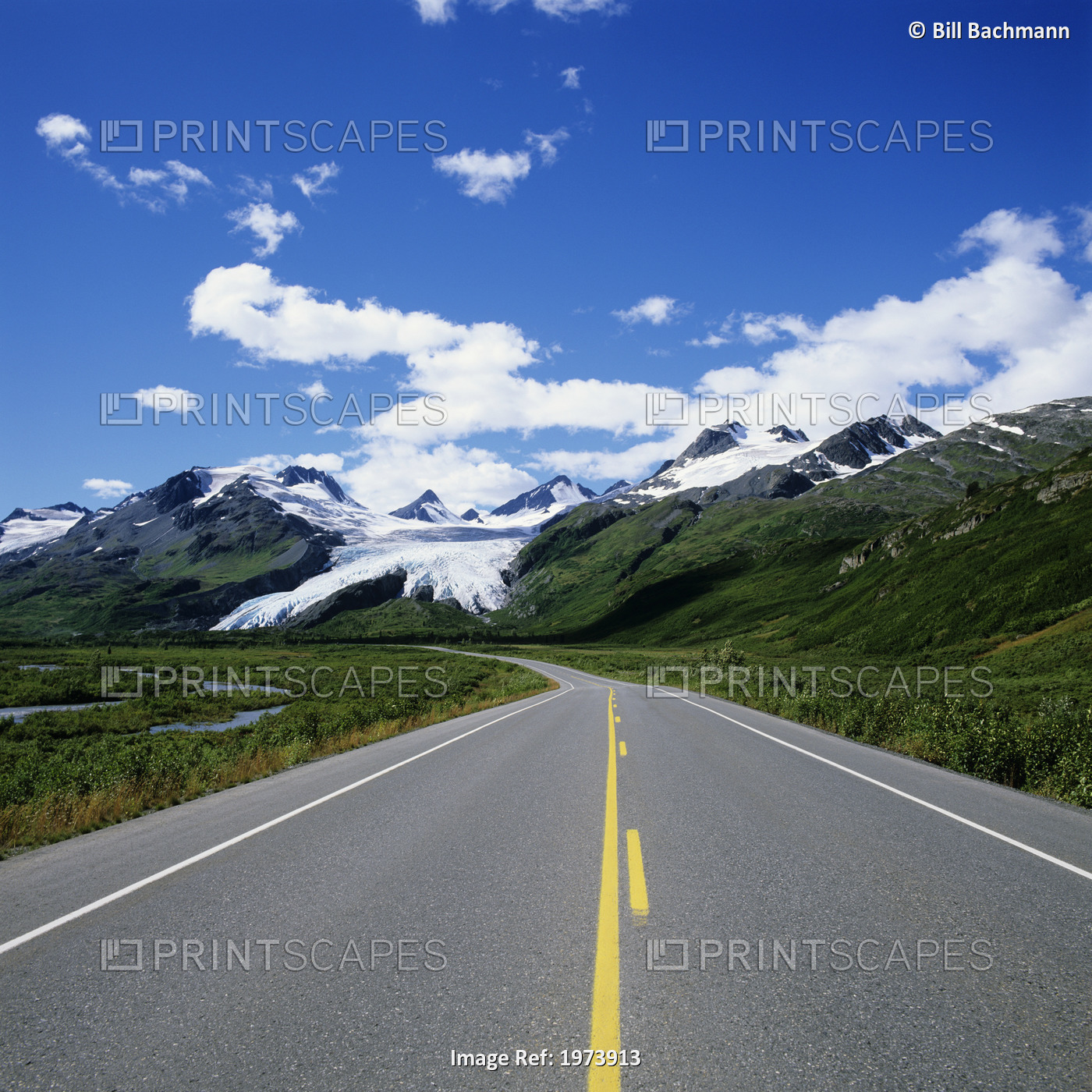 USA, Blue Skies And Mountain Peaks In Distance; Alaska, Richardson Highway ...