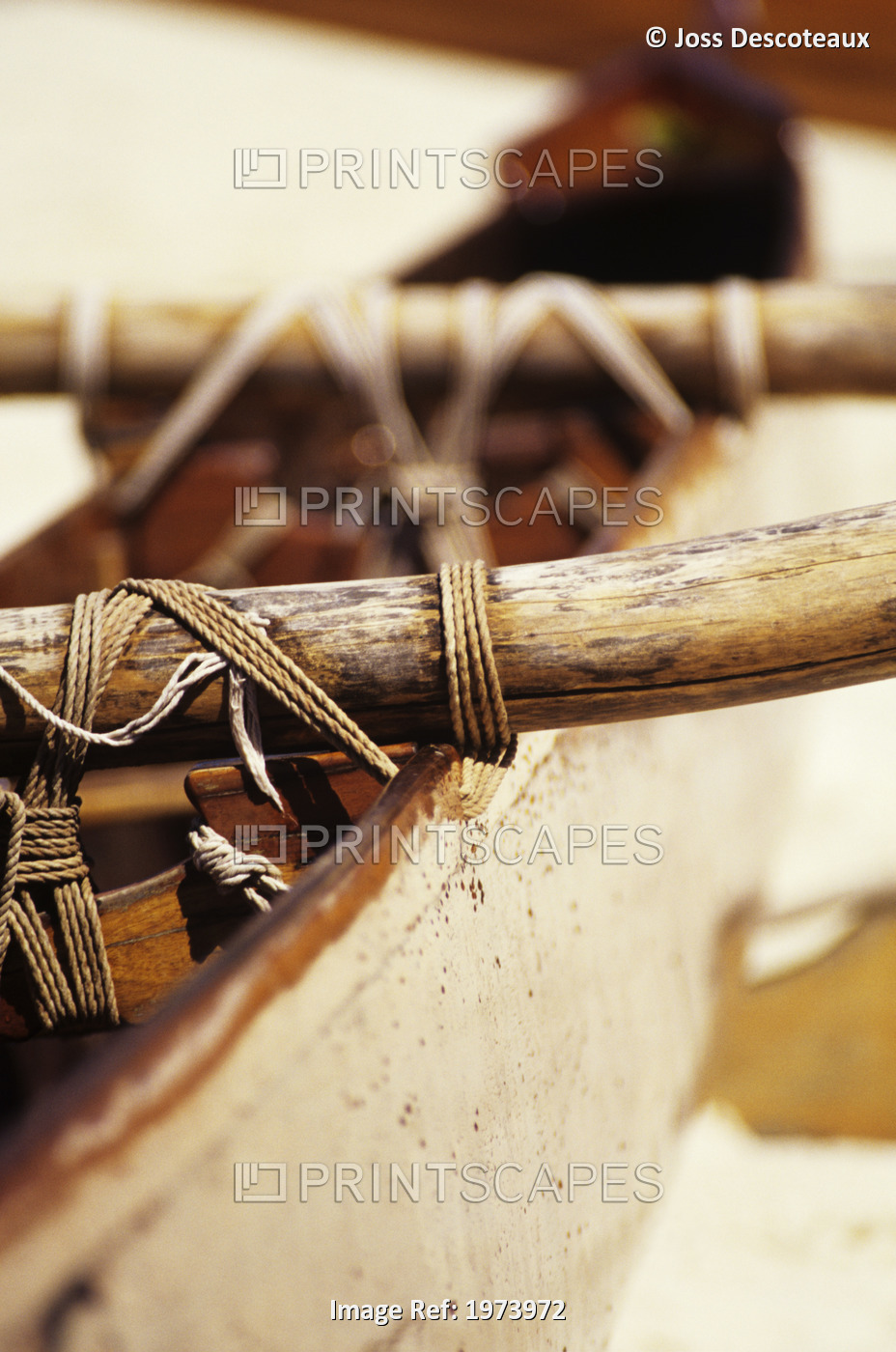 Old Wooden Outrigger Canoe, Detail Of Aku Tightly Secured To Boat.