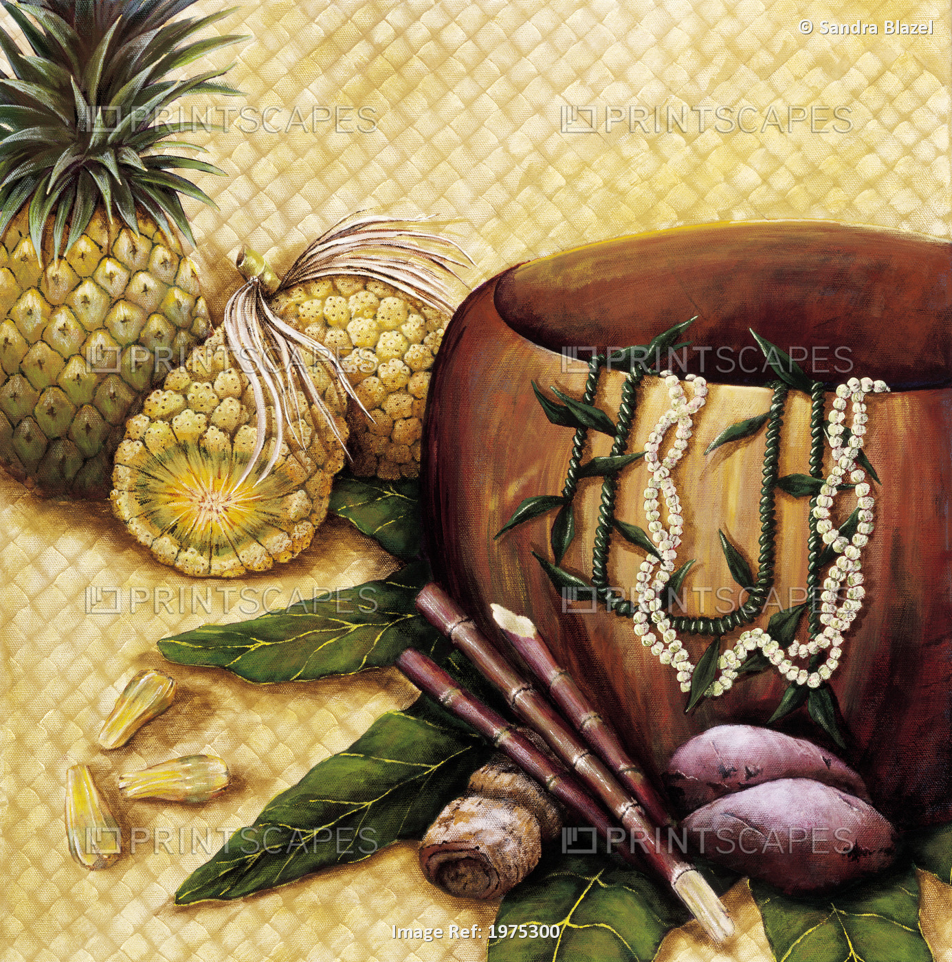 Hala Kahiki, Still Life Of Koa Bowl And Fresh Food On Lauhala Mat (Acrylic ...