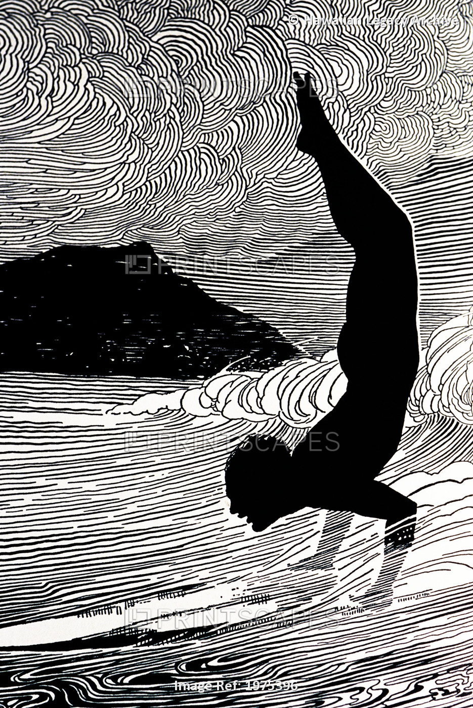 C. 1930, Don Blanding Art, Surfer And Waikiki, Figure Of Man Doing Hand Stand ...