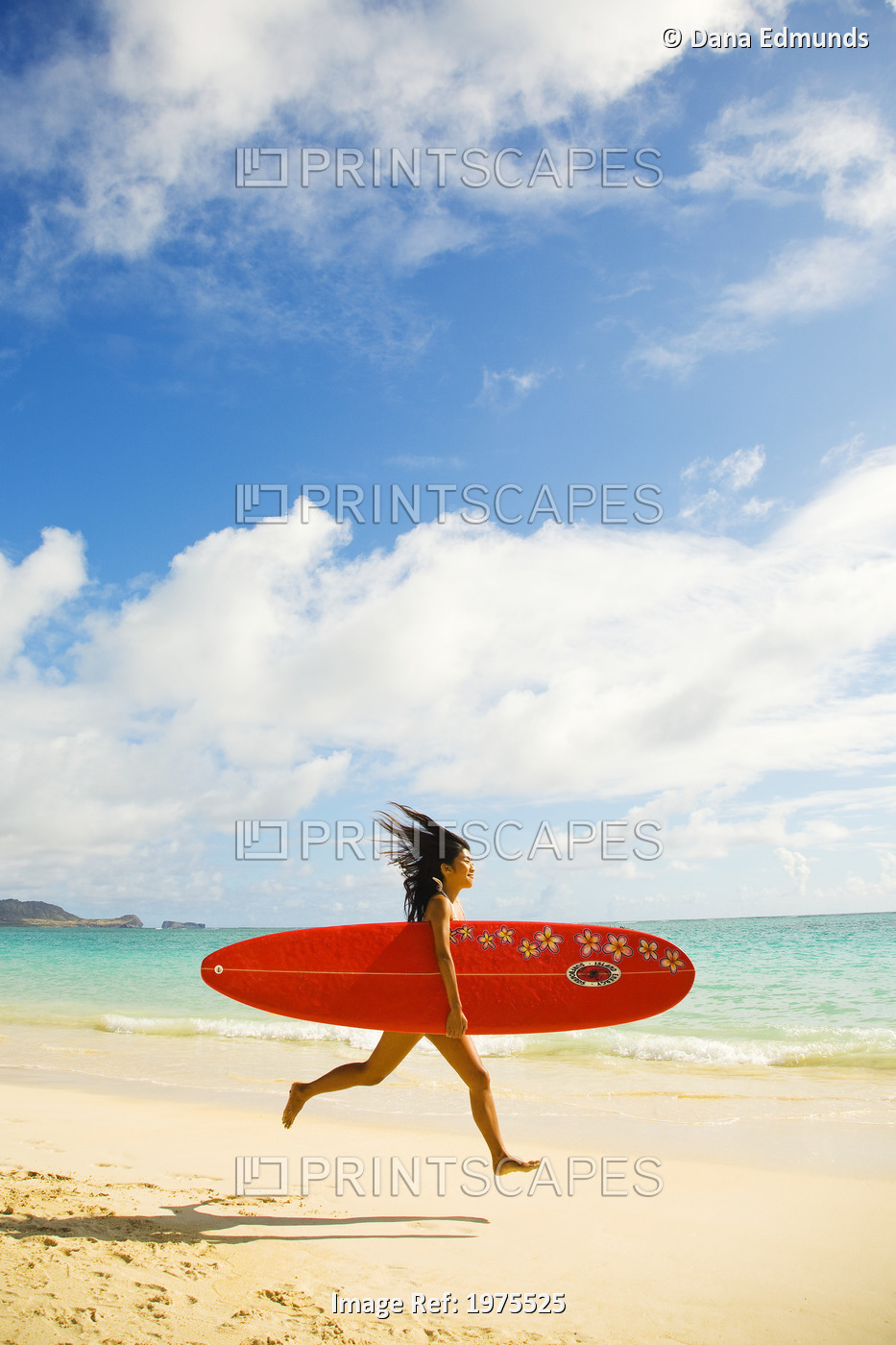 Hawaii, Oahu, Lanikai, Young Japanese Woman Running On Beach While Holding A ...