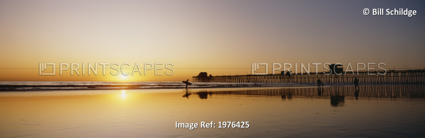USA, Reflections On Beach; California, Oceanside Pier And Surfers Silhouetted ...
