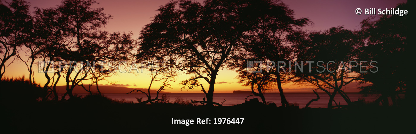 USA, Hawaii, Molokini Island In Distance; Maui, Trees Silhouetted On West Maui ...