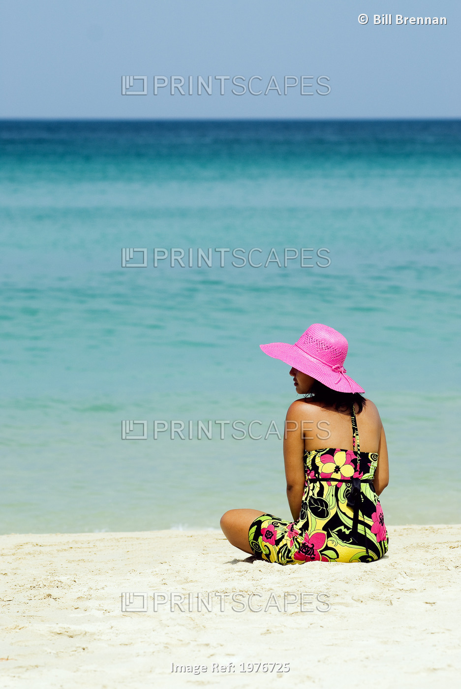 Thailand, Phuket, Kata Noi, Woman In Colorful Dress And Hat Sitting On Tropical ...