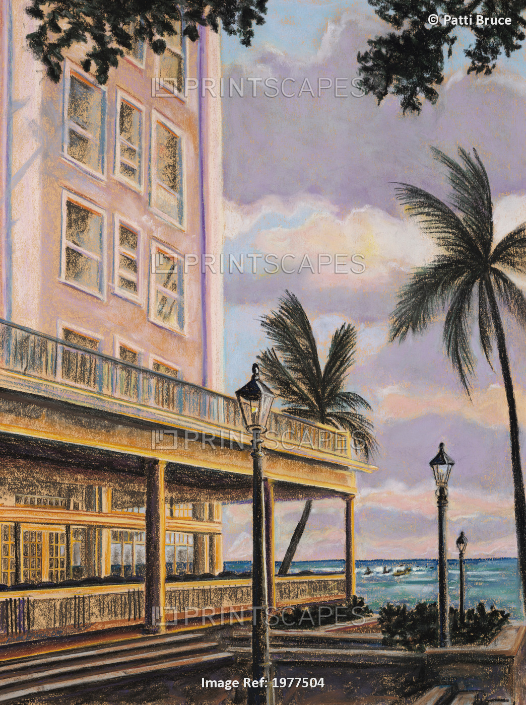 Moana At Sunset, Hawaii, Oahu, Town At Dusk And Oceanview (Acrylic Painting).