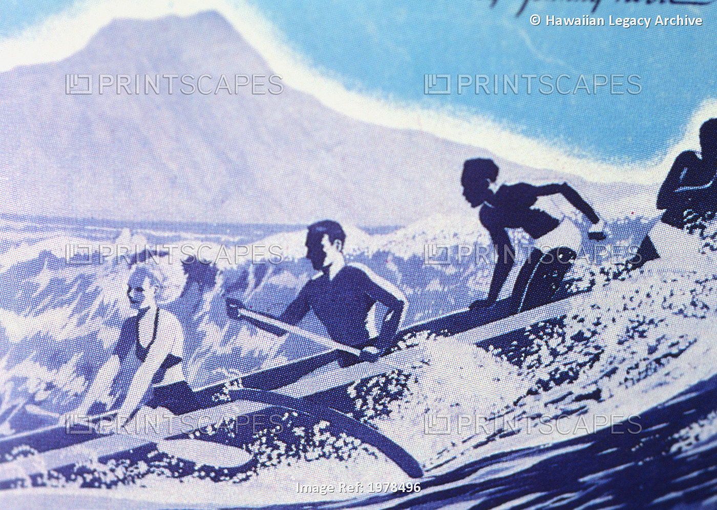 C.1940, Outrigger Canoe Surfing Wave With Tourists And Diamond Head.