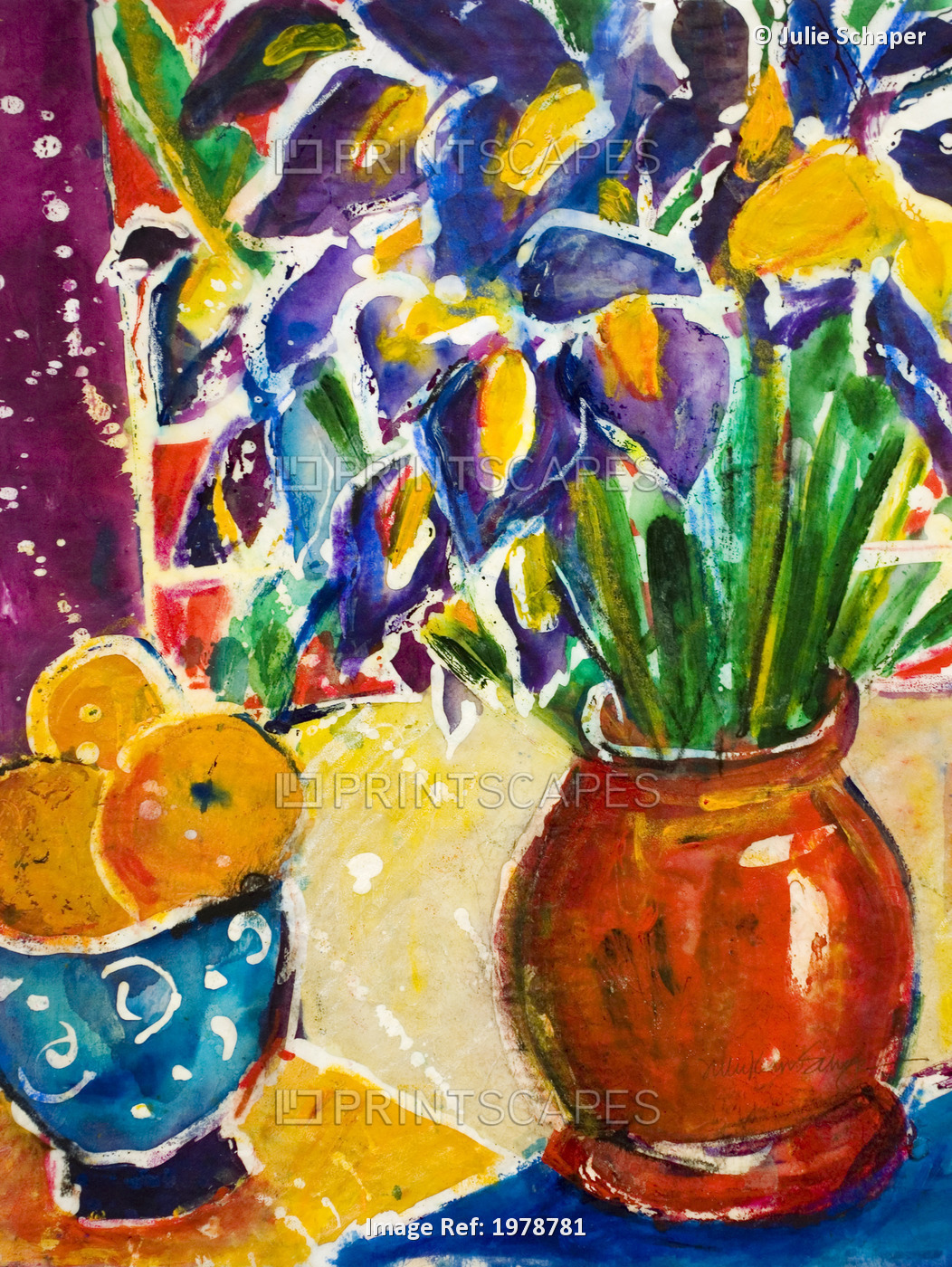 Orange Iris, Arrangement In Vase On Table, Batik On Rice Paper (Acrylic And ...