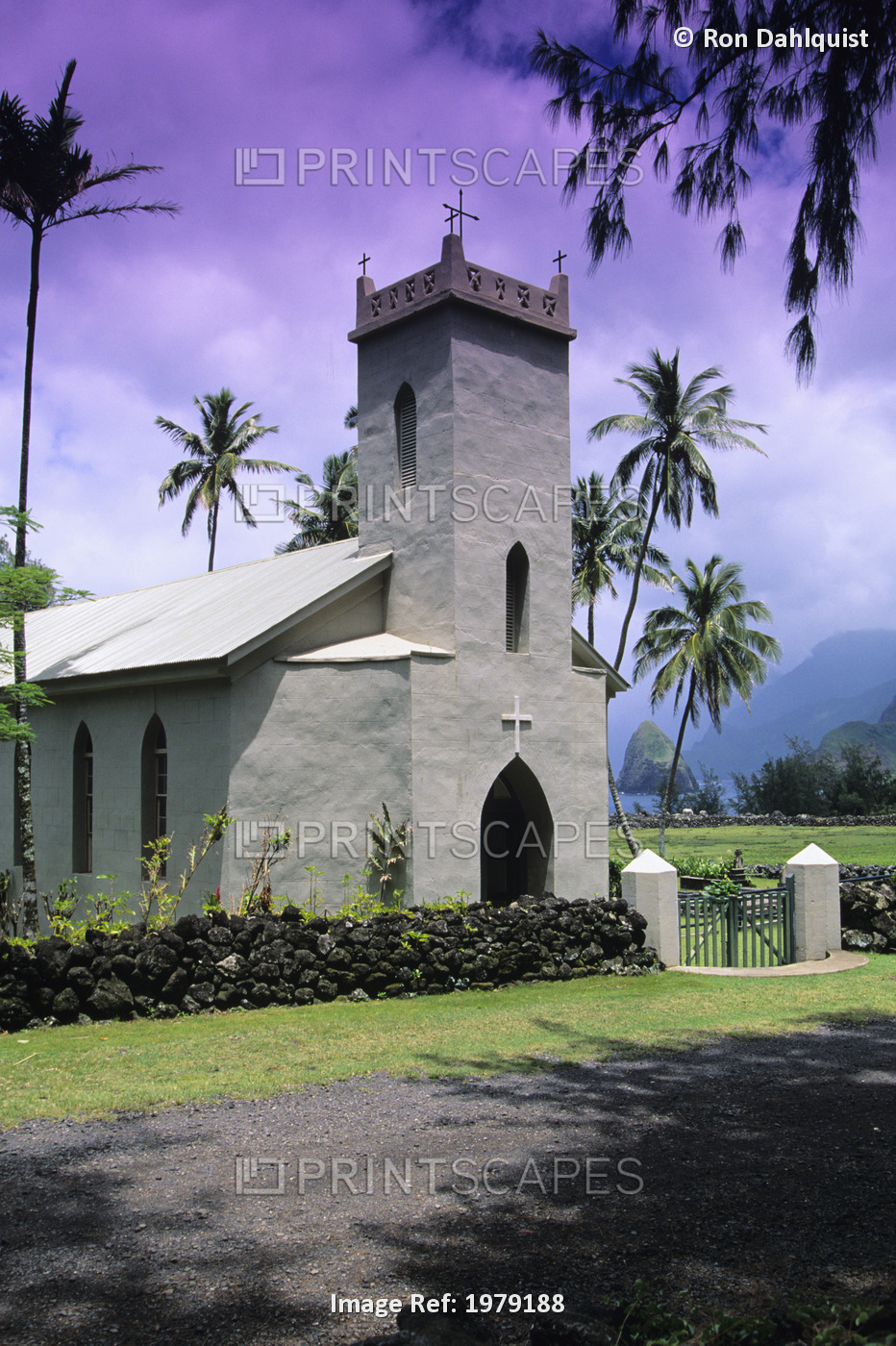 A Church Building Surrounded By Palm Trees And A Purple Sky