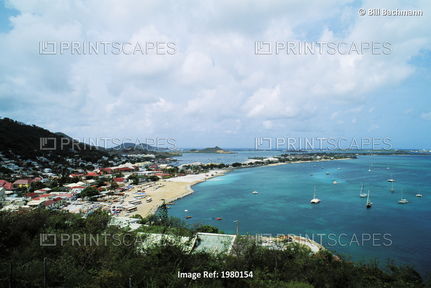 Saint Martin, view of coastal town and harbor; Caribbean, Overlooking Marigot ...