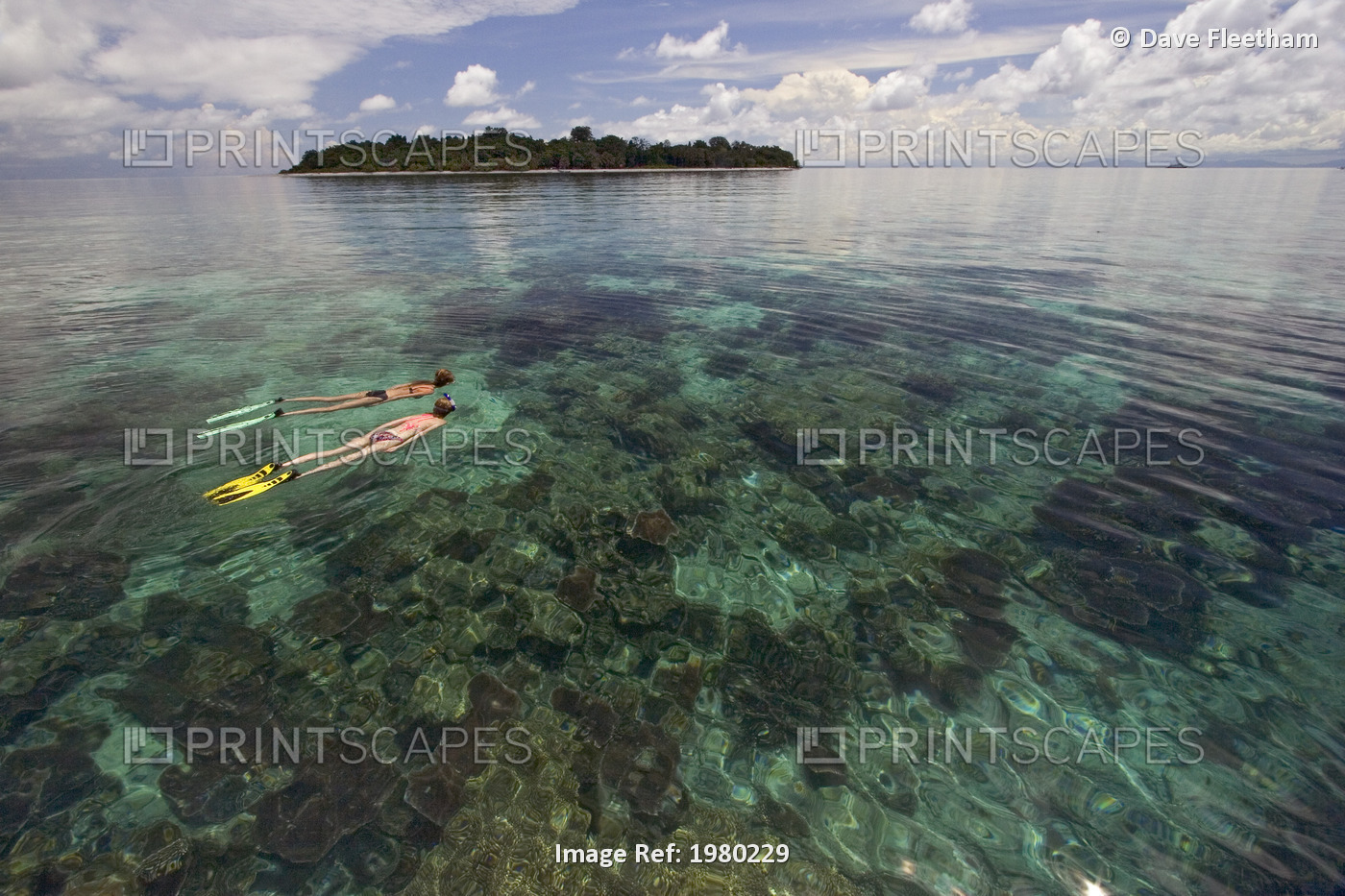 Malaysia, island in background; Sipidan Island, Women snorkeling over shallow ...