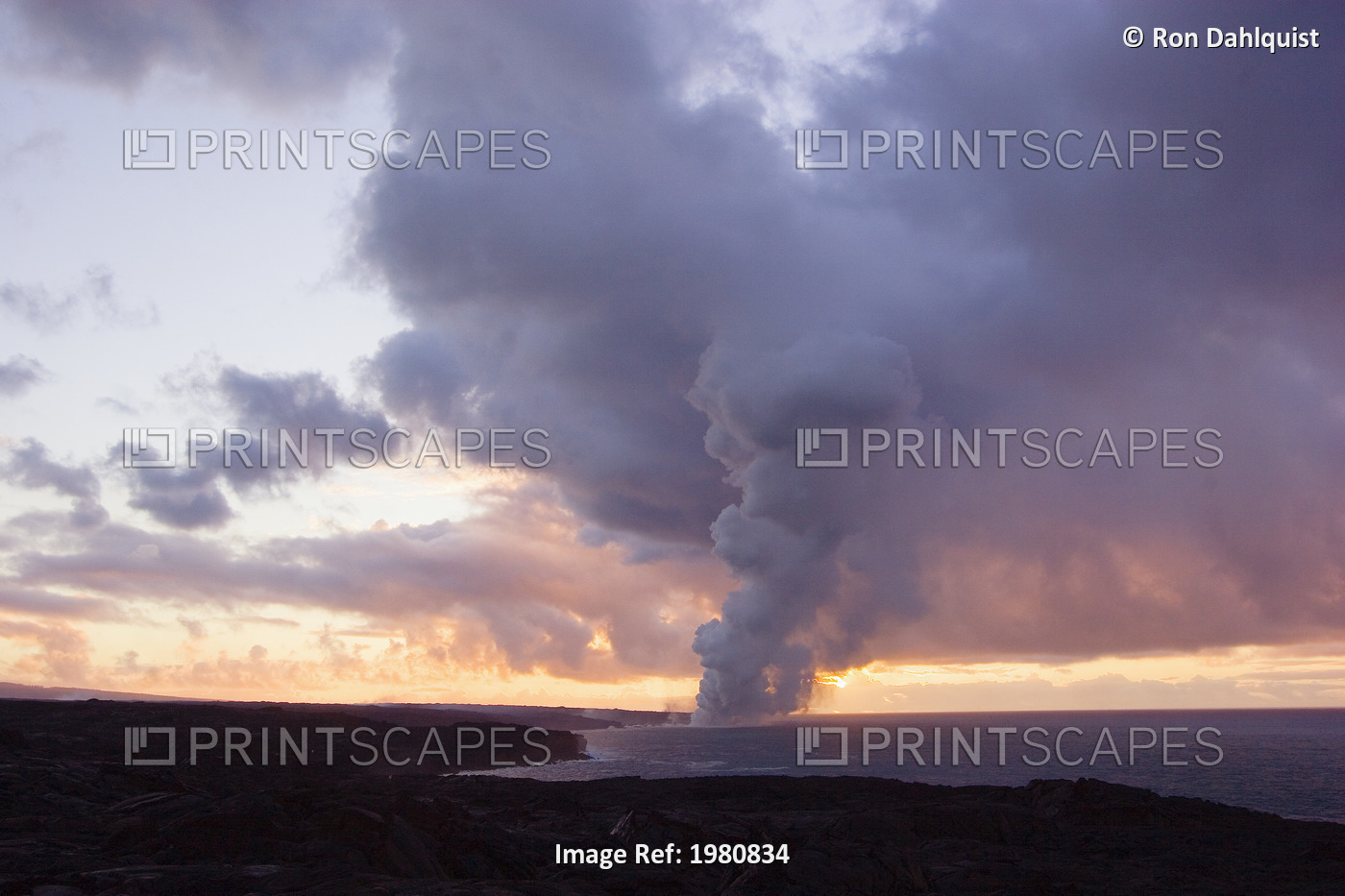 USA, Hawaii, Big Island, Steam cloud from lava entering Pacific Ocean from ...