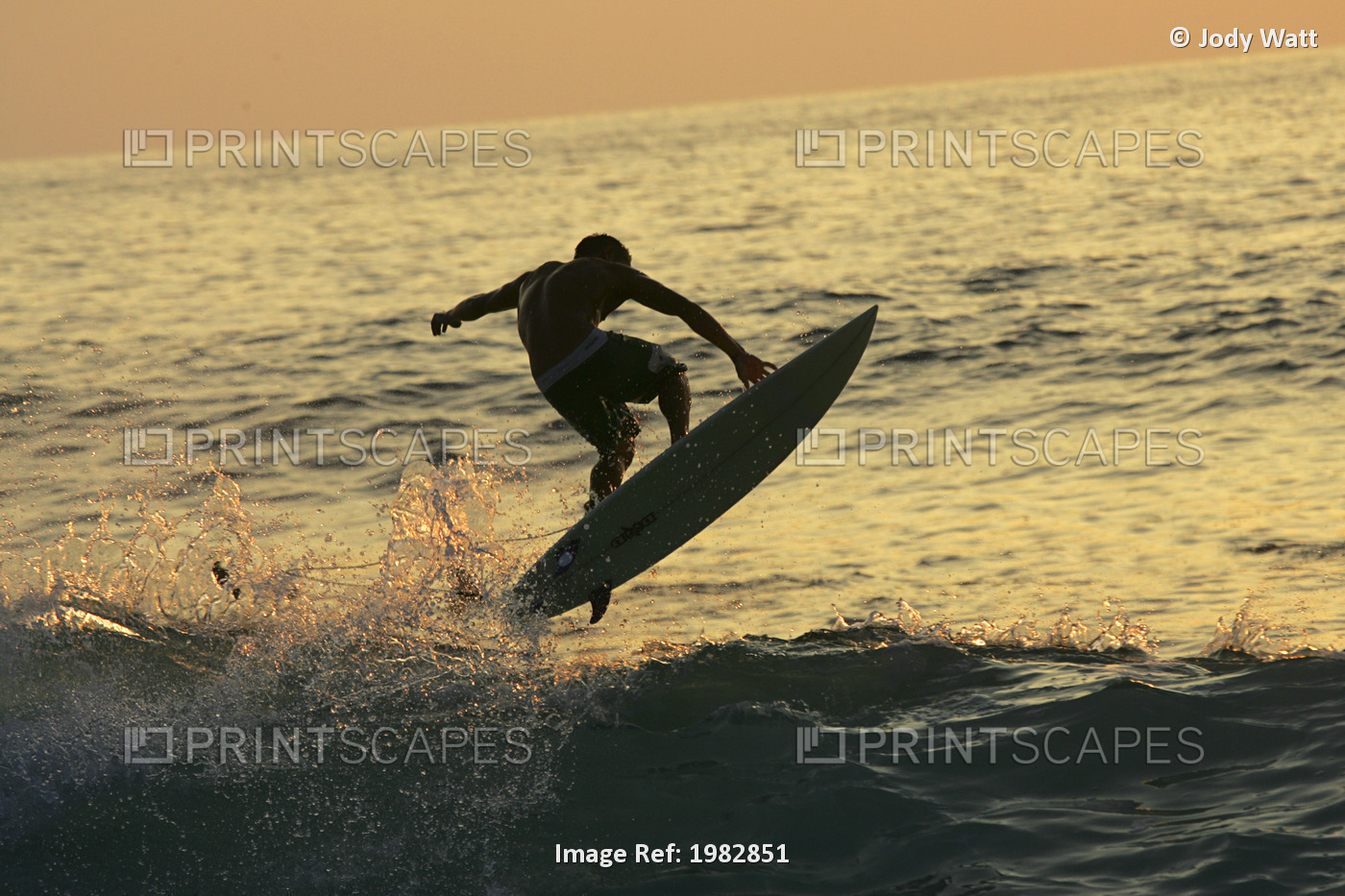 Hawaii, Big Island, Kona, Surfer At Sunset.