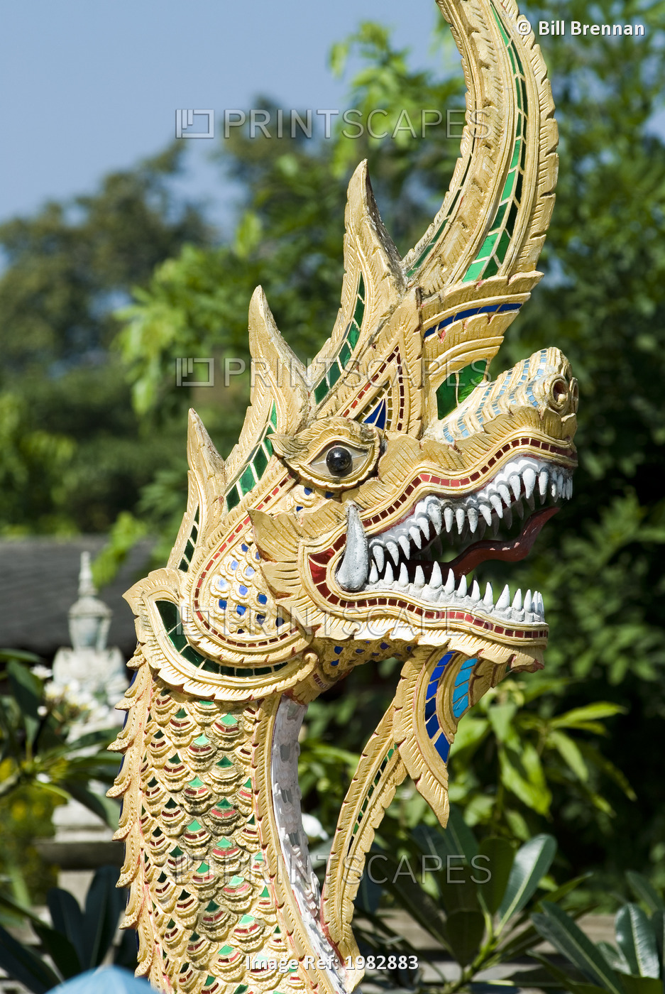 Serpent (Naga) at temple entrance; Mae Sariang, Thailand