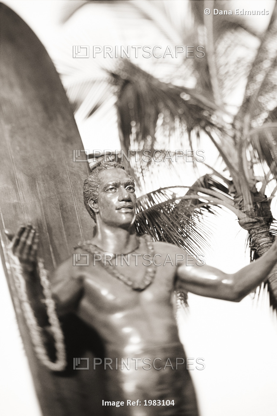 Hawaii, Oahu, Waikiki, Duke Kahanamoku Statue (Black And White Photograph).