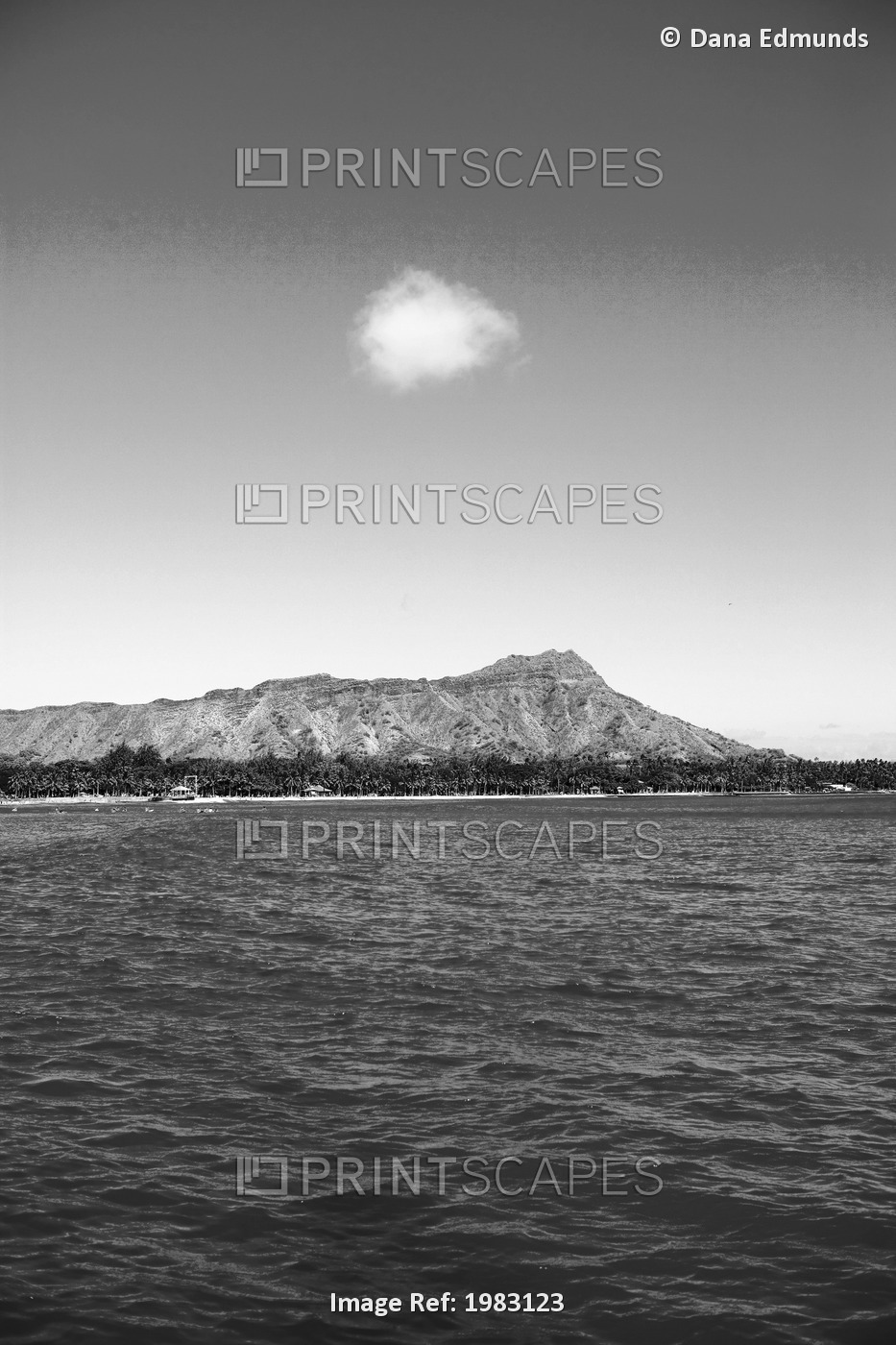 Hawaii, Oahu, Diamond Head, View From Ocean (Black And White Photograph).