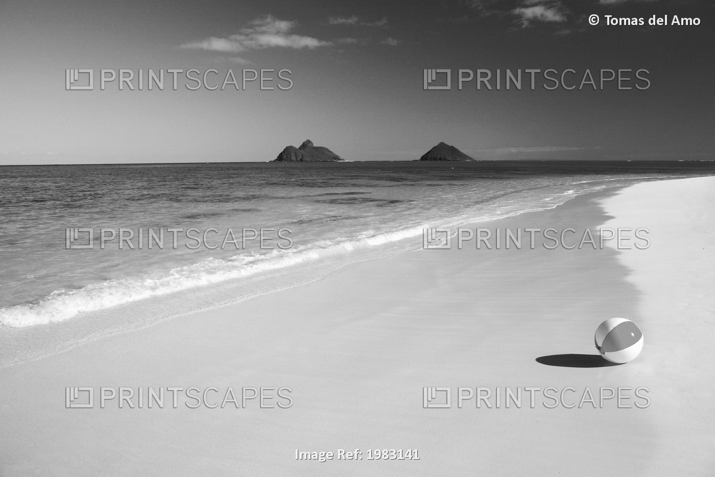 Hawaii, Oahu, Lanikai, Beachball On Beach, Mokulua Islands In Background (Black ...