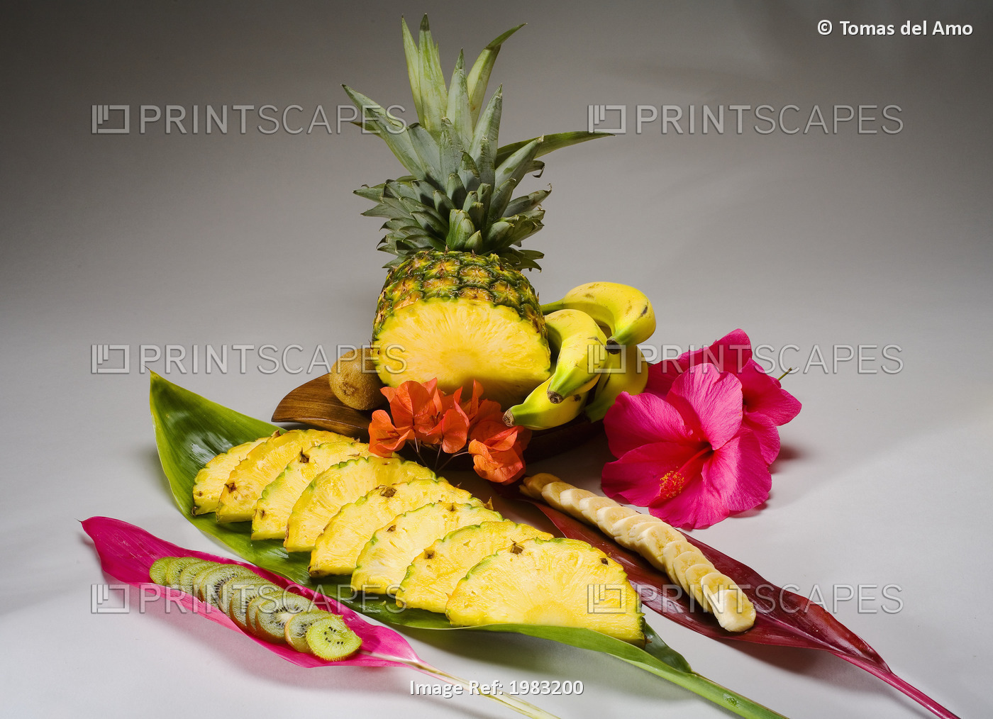 Studio Shot Of A Pineapple, Kiwi And Bananas, Cut Into Slices.