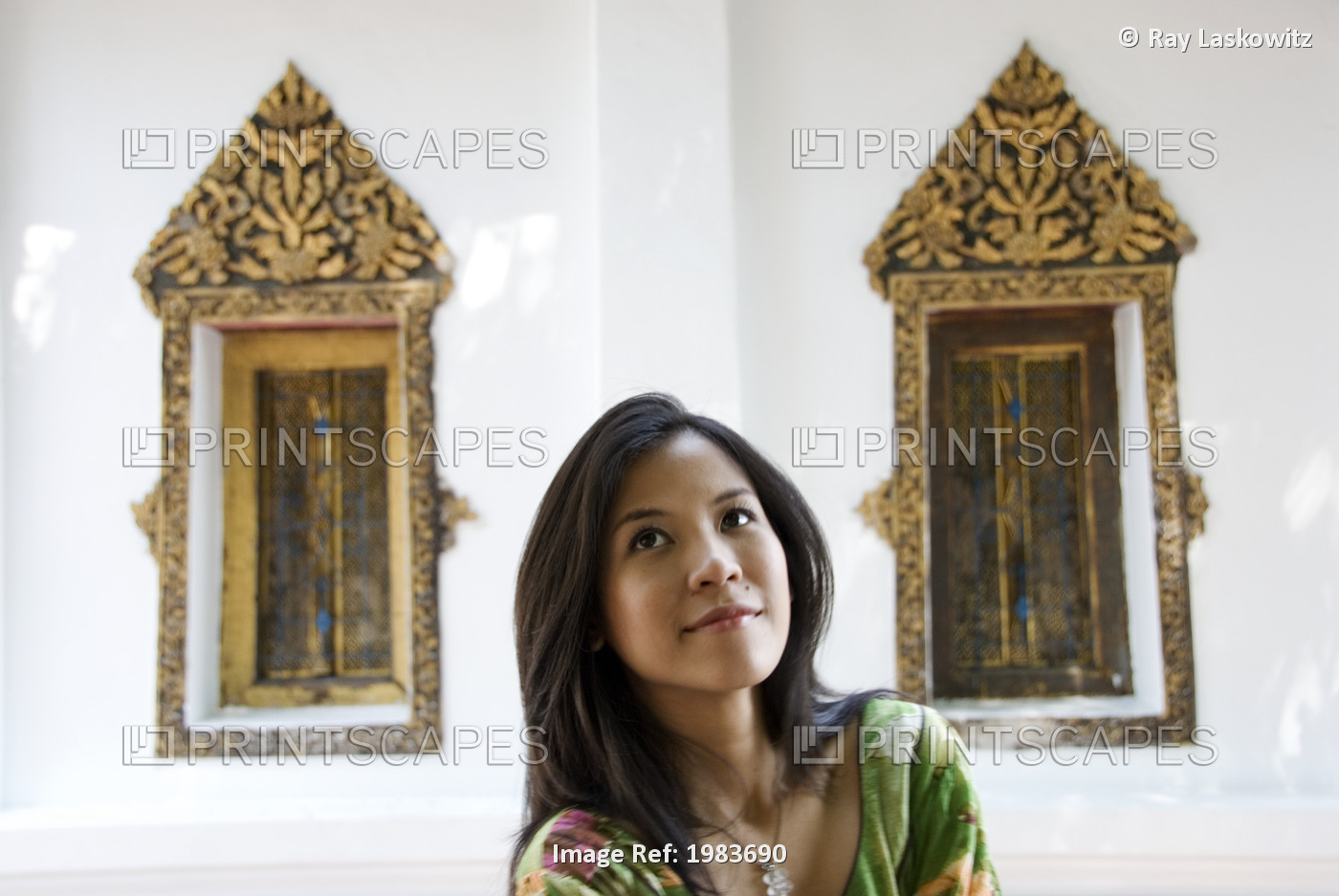 Thailand, Portrait of woman in temple; Bangkok