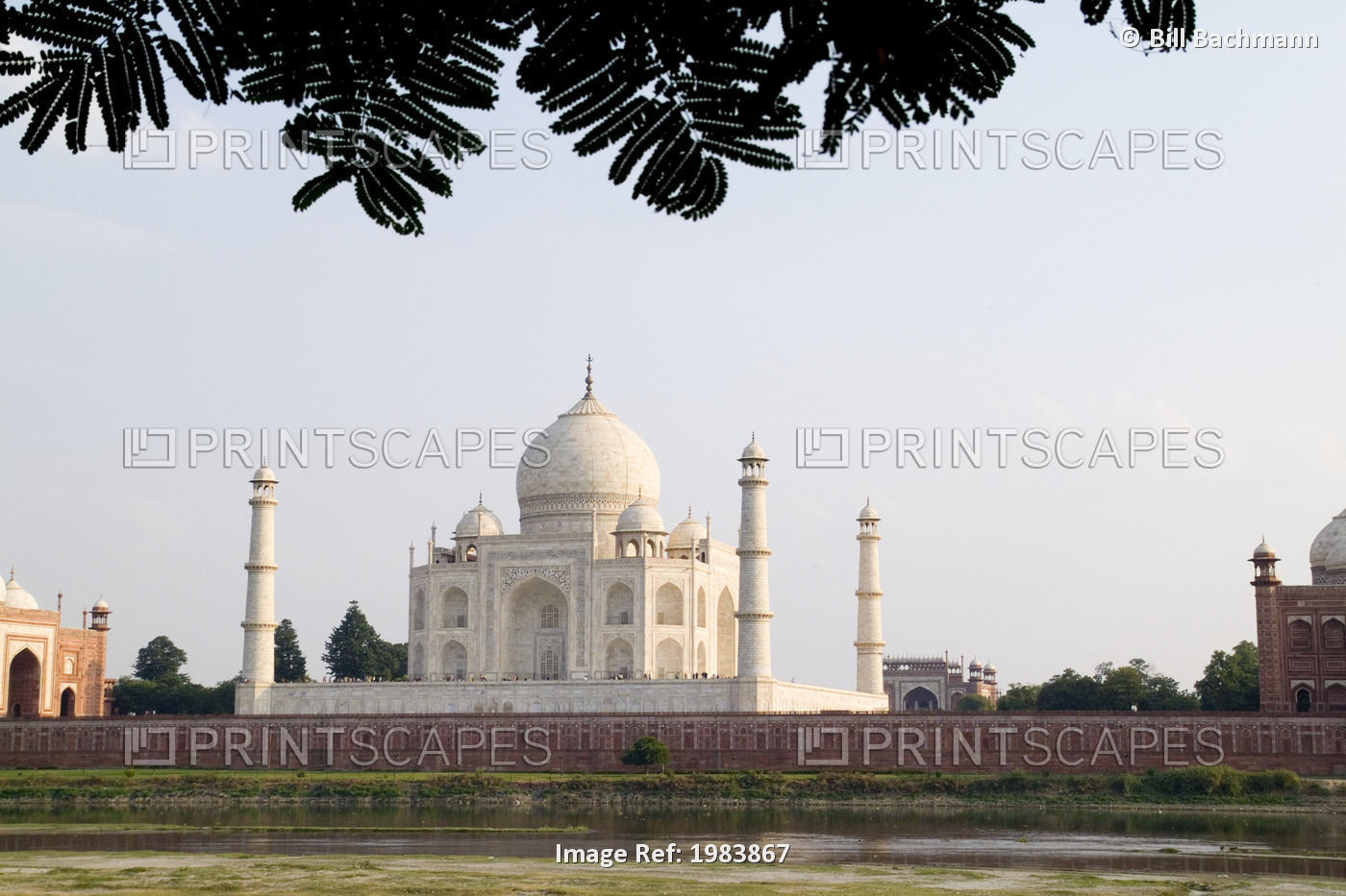India, Temple burial site seen from Yamuna River at sunset; Agra, Taj Mahal
