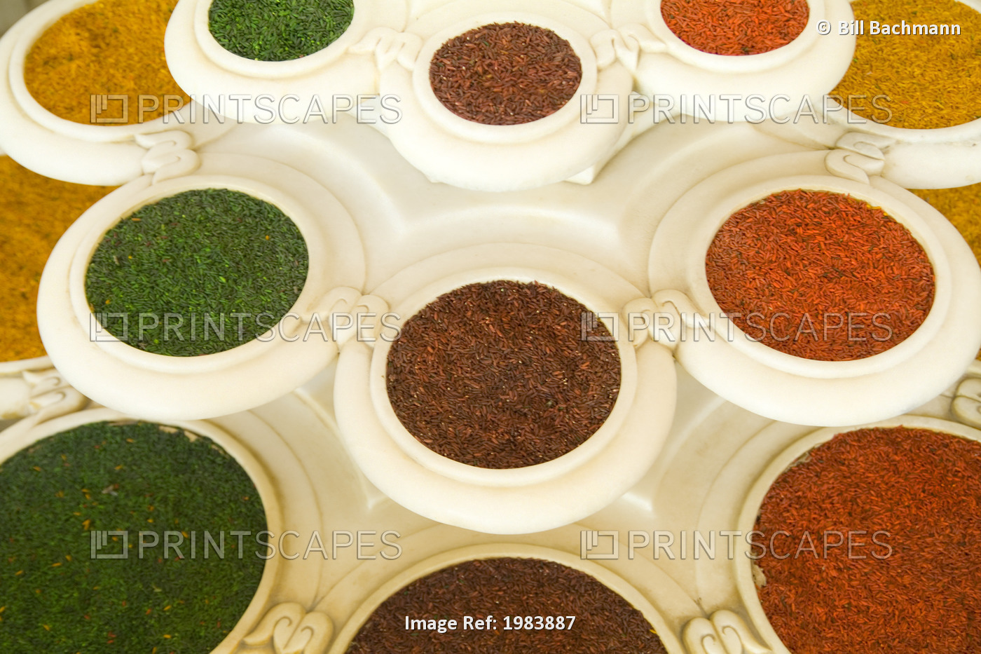 India, Agra, Abstract Colorful Bowls Of Spices In Vases From Above.