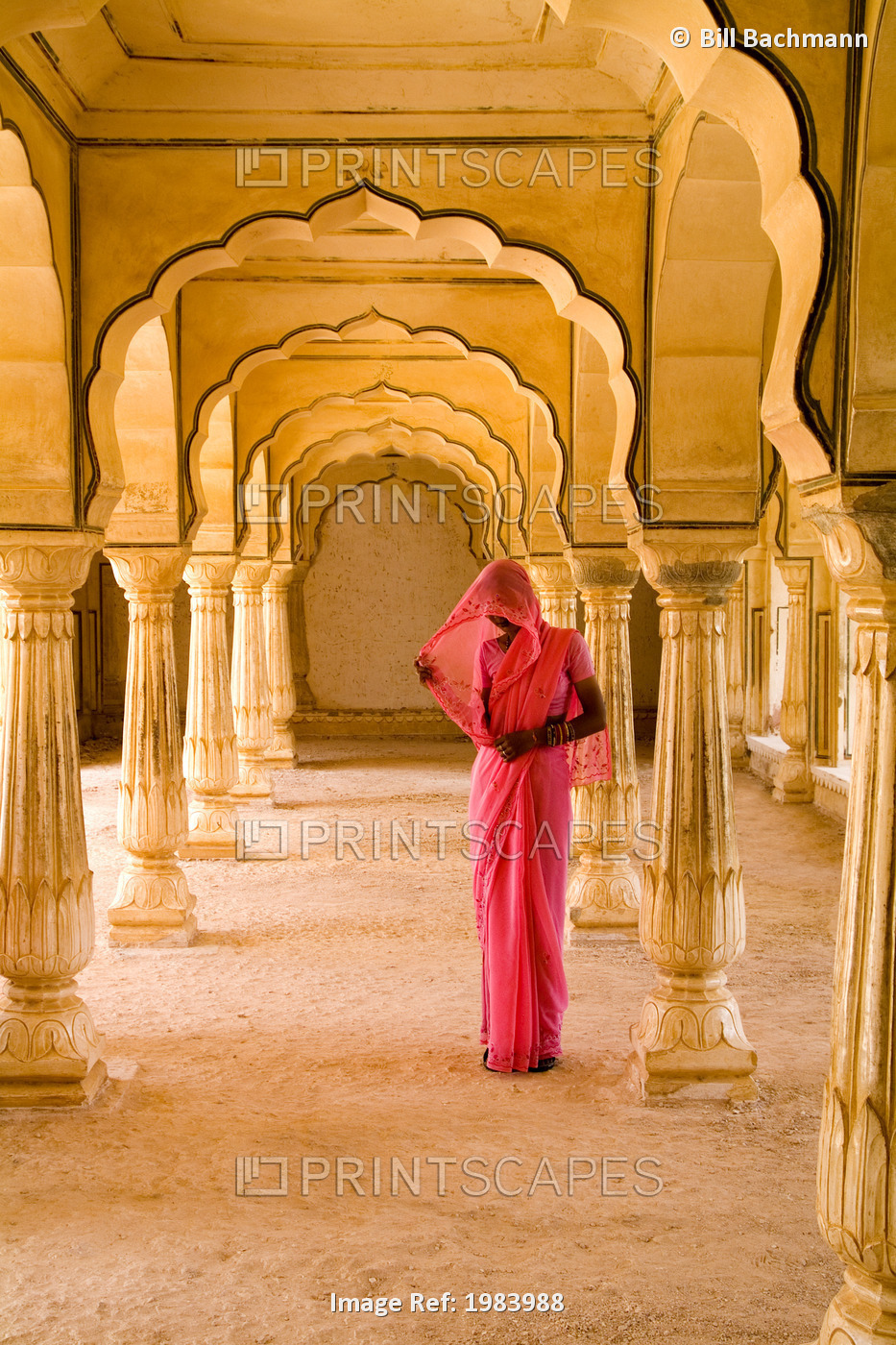 India, Rajasthan, Jaipur, Amber Fort Temple, Woman In Bright Pink Sari Stands ...