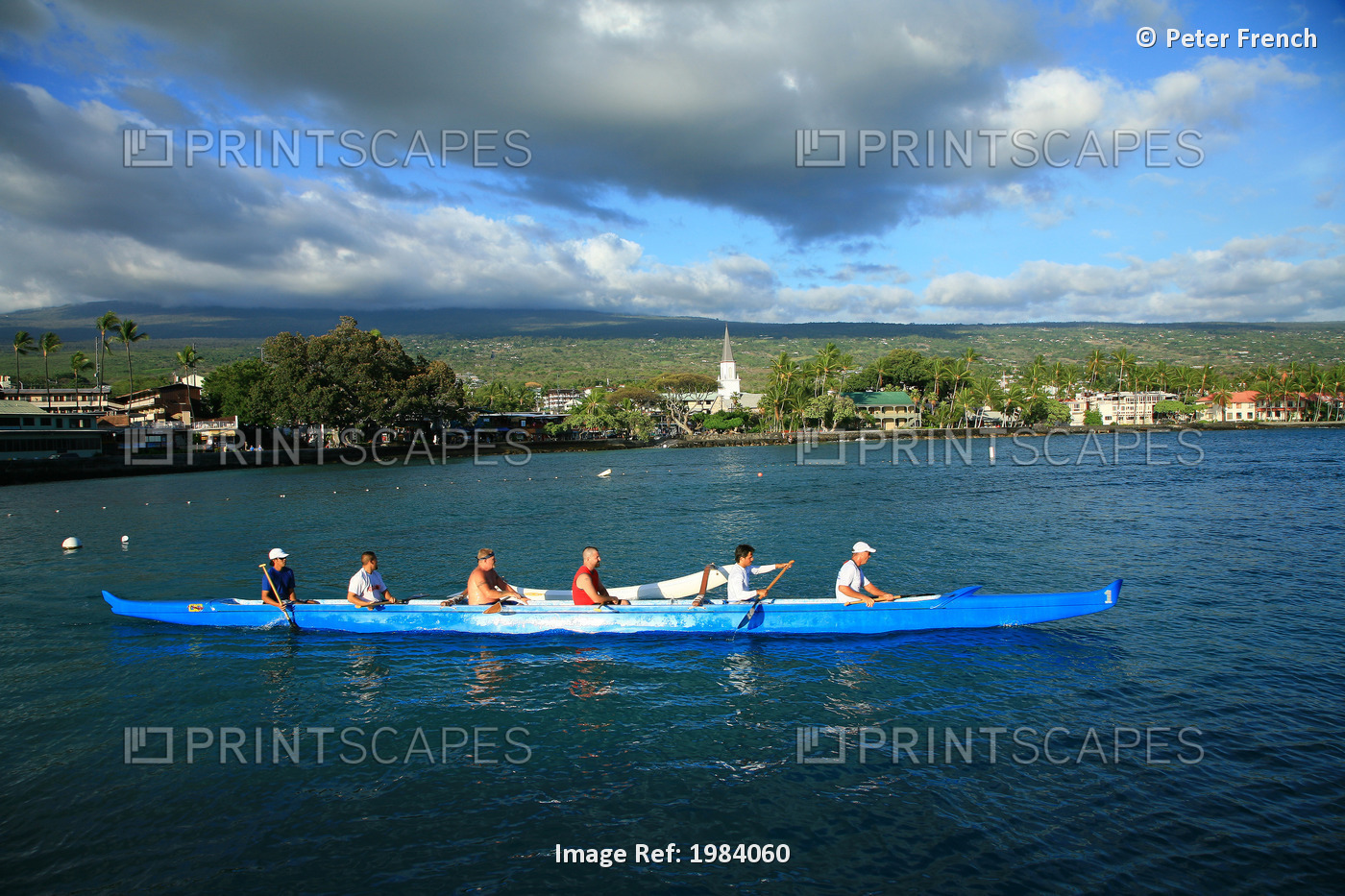 Hawaii, Big Island, Kailua-Kona Town, Six Man Canoe Paddling Along Coastline ...