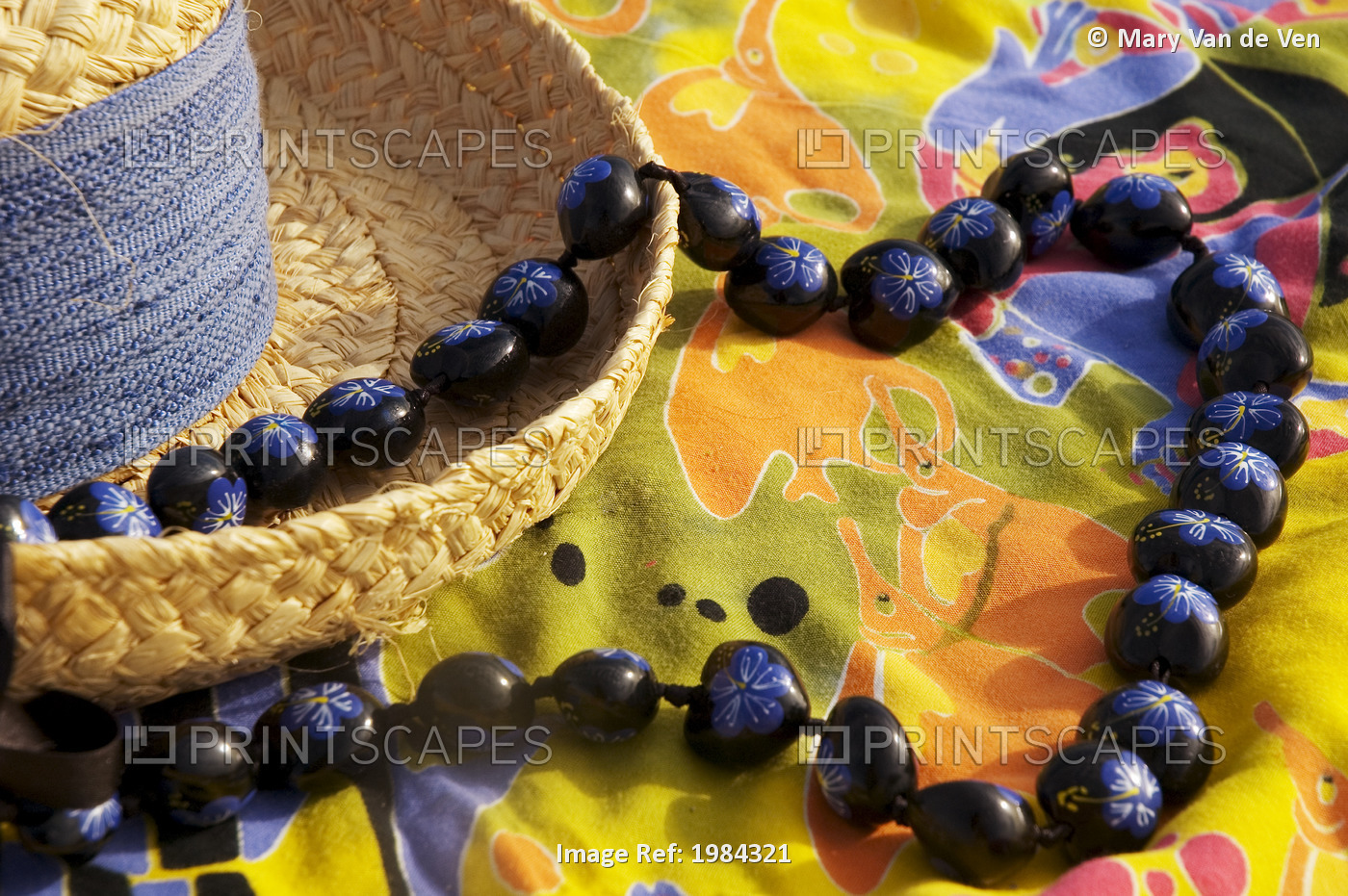 Straw Hat With Blue Band On Colorful Pareo (Sarong) With Hand Painted Kukui Nut ...