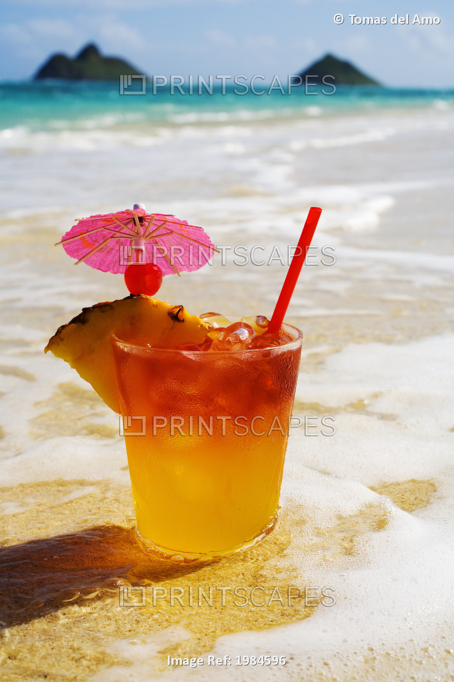 A Mai Tai Garnished With Pinapple And A Cherry, Sitting In Shallow Water On The ...
