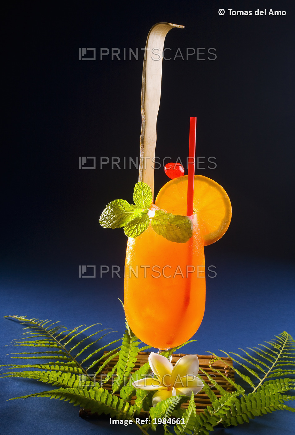 A Tropical Itch Cocktail Garnished With Fruit And A Backscratcher.