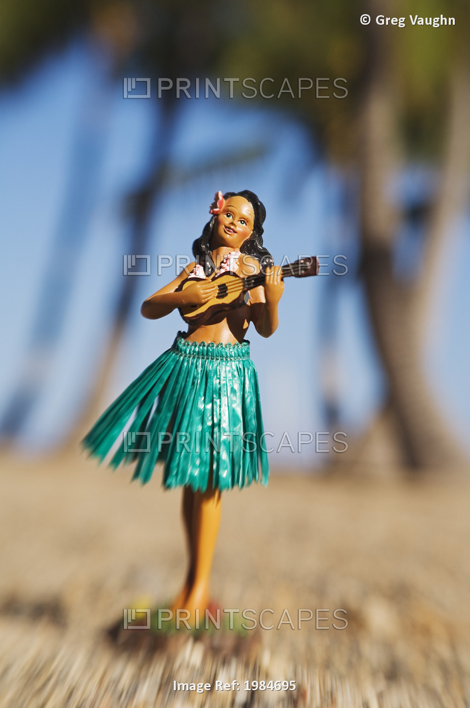 USA, Hawaii Islands, Big Island, Kohala Coast, Hula doll on beach at Waikoloa ...